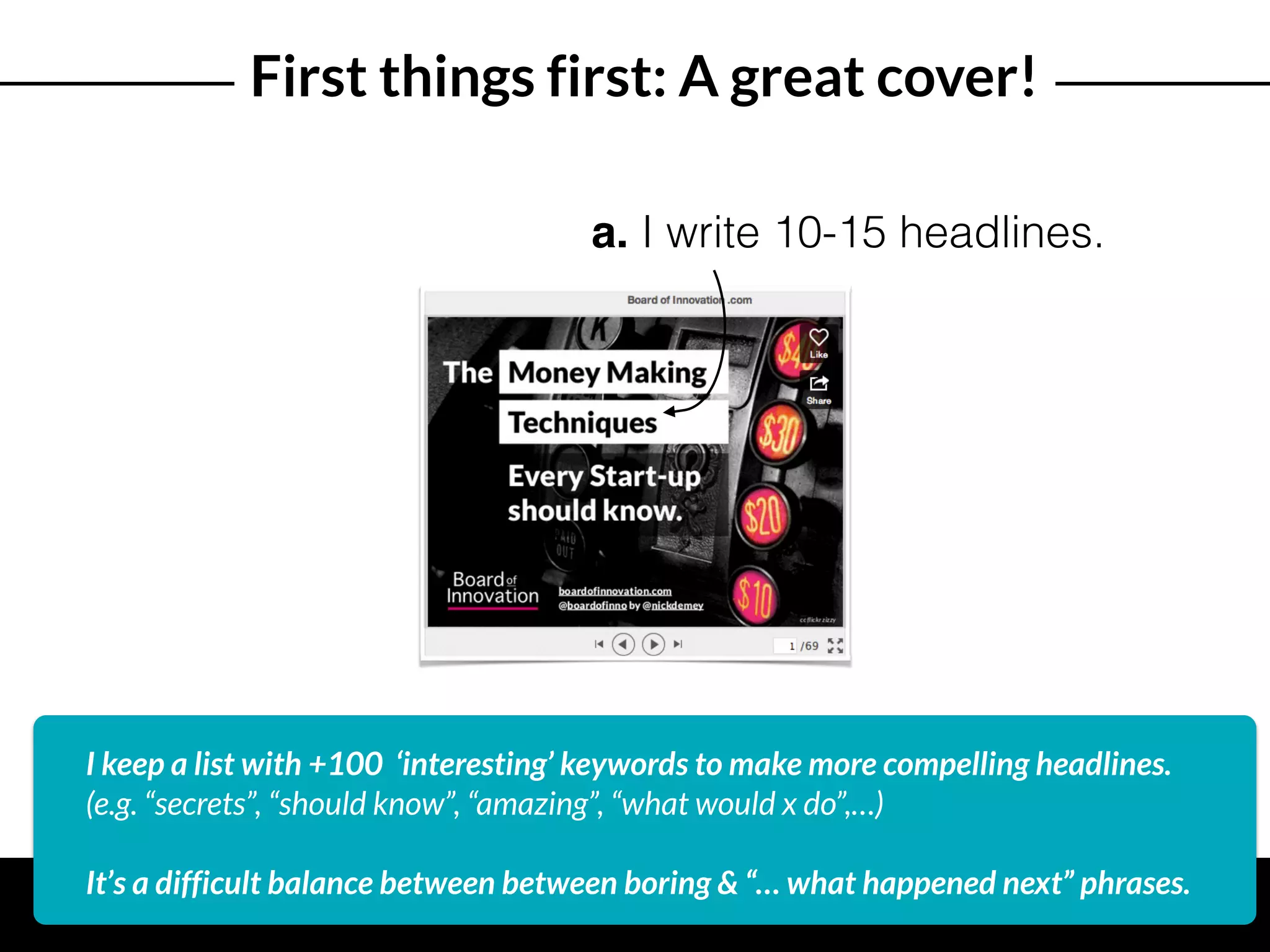 a. I write 10-15 headlines.
I keep a list with +100 ‘interesting’ keywords to make more compelling headlines.  
(e.g. “secrets”, “should know”, “amazing”, “what would x do”,…) 
It’s a difficult balance between between boring & “… what happened next” phrases.
First things first: A great cover!
 