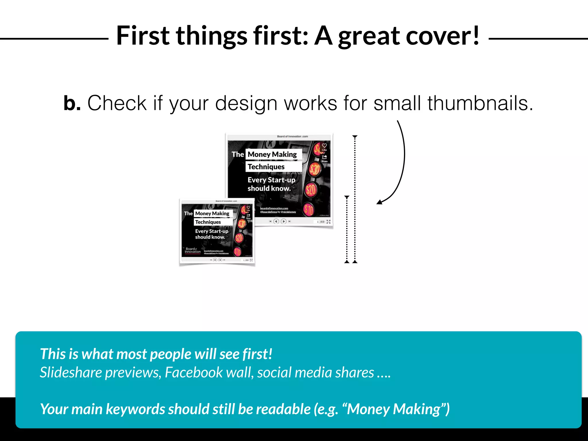 b. Check if your design works for small thumbnails.
This is what most people will see first!
Slideshare previews, Facebook wall, social media shares …. 
 
Your main keywords should still be readable (e.g. “Money Making”)
First things first: A great cover!
 