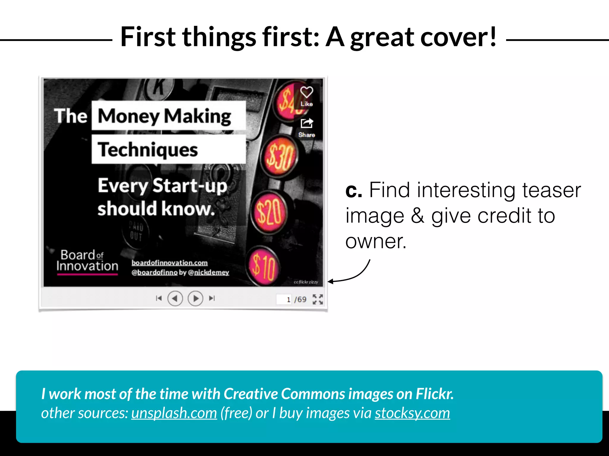 c. Find interesting teaser
image & give credit to
owner.
I work most of the time with Creative Commons images on Flickr.
other sources: unsplash.com (free) or I buy images via stocksy.com
First things first: A great cover!
 