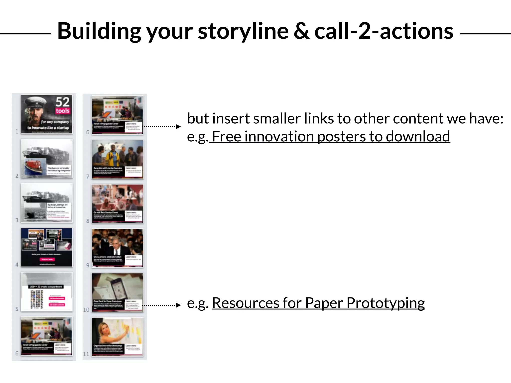 Building your storyline & call-2-actions
e.g. Resources for Paper Prototyping
but insert smaller links to other content we have:
e.g. Free innovation posters to download
 
