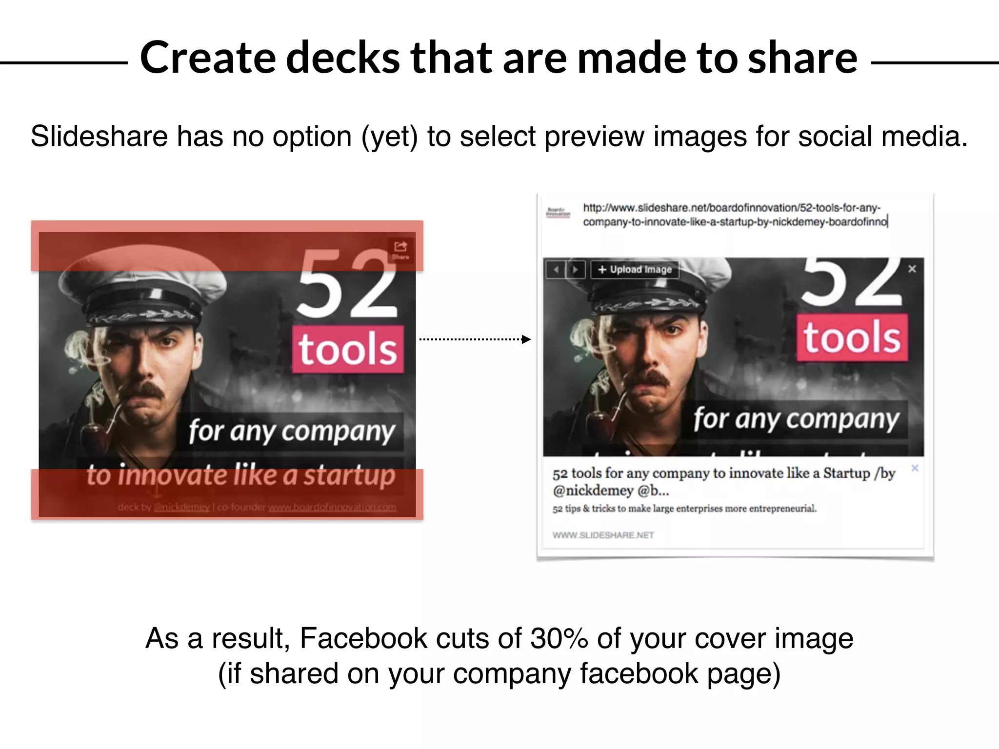 Create decks that are made to share
Slideshare has no option (yet) to select preview images for social media.
As a result, Facebook cuts of 30% of your cover image
(if shared on your company facebook page)
 