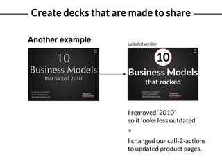 Create decks that are made to share
Another example updated version
I removed ‘2010’  
so it looks less outdated.
I changed our call-2-actions 
to updated product pages.
+
 