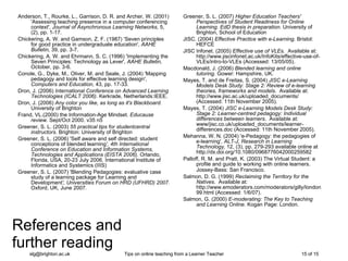 References and  further reading Anderson, T., Rourke, L., Garrison, D. R. and Archer, W. (2001) 'Assessing teaching presence in a computer conferencing context',  Journal of Asynchronous Learning Networks,  5, (2), pp. 1-17. Chickering, A. W. and Gamson, Z. F. (1987) 'Seven principles for good practice in undergraduate education',  AAHE Bulletin,  39, pp. 3-7. Chickering, A. W. and Ehrmann, S. C. (1996) 'Implementing the Seven Principles: Technology as Lever',  AAHE Bulletin,  October, pp. 3-6. Conole, G., Dyke, M., Oliver, M. and Seale, J. (2004) 'Mapping pedagogy and tools for effective learning design',  Computers and Education,  43, pp. 17-33. Dron, J. (2006)  International Conference on Advanced Learning Technologies (ICALT 2006).  Kerkrade, Netherlands:IEEE. Dron, J. (2006)  Any color you like, as long as it's Blackboard.  University of Brighton Frand, VL.(2000) the Information-Age Mindset.  Educause review.  Sept/Oct 2000. v35 n5  Greener, S. L. (2003)  55 practical tips for studentcentral instructors.  Brighton: University of Brighton  Greener, S. L. (2006) 'Self aware and self directed: student conceptions of blended learning ', 4th International Conference on Education and Information Systems, Technologies and Applications (EISTA 2006).  Orlando, Florida, USA, 20-23 July 2006 .  International Institute of Informatics and Systemics (IIIS) Greener, S. L. (2007) 'Blending Pedagogies: evaluative case study of a learning package for Learning and Development ', Universities Forum on HRD (UFHRD) 2007.  Oxford, UK, June 2007 .  Greener, S. L. (2007)  Higher Education Teachers' Perspectives of Student Readiness for Online Learning. EdD thesis in preparation.  University of Brighton, School of Education JISC. (2004)  Effective Practice with e-Learning.  Bristol: HEFCE  JISC Infonet. (2005)  Effective use of VLEs .  Available at: http://www.jiscinfonet.ac.uk/InfoKits/effective-use-of-VLEs/intro-to-VLEs (Accessed: 13/05/05). Macdonald, J. (2006)  Blended learning and online tutoring.  Gower: Hampshire, UK. Mayes, T. and de Freitas, S. (2004)  JISC e-Learning Models Desk Study: Stage 2: Review of e-learning theories, frameworks and models .  Available at: http://www.jisc.ac.uk/uploaded_documents/ (Accessed: 11th November 2005). Mayes, T. (2004)  JISC e-Learning Models Desk Study: Stage 2: Learner-centred pedagogy: Individual differences between learners .  Available at: www/jisc.co.uk/uploaded_documents/learner-differences.doc (Accessed: 11th November 2005). Mehanna, W. N. (2004) 'e-Pedagogy: the pedagogies of e-learning',  ALT-J, Research in Learning Technology,  12, (3), pp. 279-293 available online at http://dx.doi.org/10.1080/0968776042000259582 Palloff, R. M. and Pratt, K. (2003) The Virtual Student: a profile and guide to working with online learners. Jossey-Bass: San Francisco . Salmon, D. G. (1999)  Reclaiming the Territory for the Natives .  Available at: http://www.emoderators.com/moderators/gilly/london99.html (Accessed: 1/6/07). Salmon, G. (2000)  E-moderating: The Key to Teaching and Learning Online.  Kogan Page: London. 