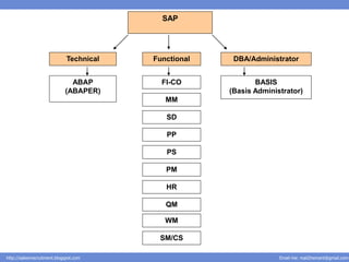 SAP




                              Technical   Functional    DBA/Administrator


                               ABAP         FI-CO             BASIS
                             (ABAPER)                  (Basis Administrator)
                                             MM

                                             SD

                                             PP

                                             PS

                                             PM

                                             HR

                                             QM

                                             WM

                                           SM/CS

http://salesnrecruitment.blogspot.com                                Email me: mail2hemant@gmail.com
 