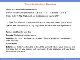 Oracle Applications Overview

          Oracle R12 is the latest release version.
          Current available Versions are R12, 11.5.10.2, 11.5.7 , 11.5.9 and 11.5.10.2.
          Oracle 6i, 8i, 9i, 10g, 11g [Latest] are databases used against ERP


           1) Front End - forms – to enter the data, reports – to create various type of reports
          2) Back End - Oracle 6i, 8i, 9i, 10g, 11g [Latest] are databases used against ERP


          Forms: Used to enter user data
          Reports: Display user-desired reports
          Interface: To connect with legacy applications [Third-party application developed on
          other platform]
          Conversions:
          Extensions: Oracle's extensions to the JDBC standard include Java packages and
          interfaces that let you access and manipulate Oracle datatypes and use Oracle
          performance extensions



http://salesnrecruitment.blogspot.com                                                Email me: mail2hemant@gmail.com
 