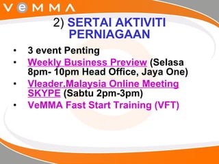 2)  SERTAI AKTIVITI PERNIAGAAN 3 event Penting  Weekly Business Preview  (Selasa 8pm- 10pm Head Office, Jaya One) Vleader.Malaysia Online Meeting SKYPE  (Sabtu 2pm-3pm) VeMMA Fast Start Training (VFT) 