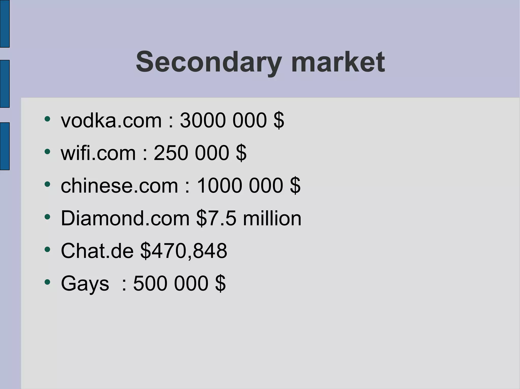 Secondary market vodka.com : 3000 000 $ wifi.com : 250 000 $  chinese.com : 1000 000 $ Diamond.com $7.5 million Chat.de $470,848 Gays  : 500 000 $ 