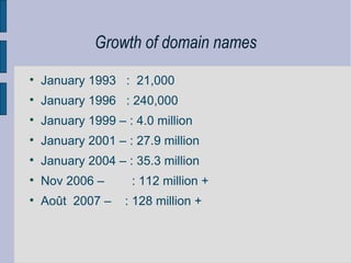 Growth of domain names January 1993  :  21,000 January 1996  : 240,000 January 1999 – : 4.0 million January 2001 – : 27.9 million January 2004 – : 35.3 million Nov 2006 –  : 112 million +  Août  2007 –  : 128 million + 