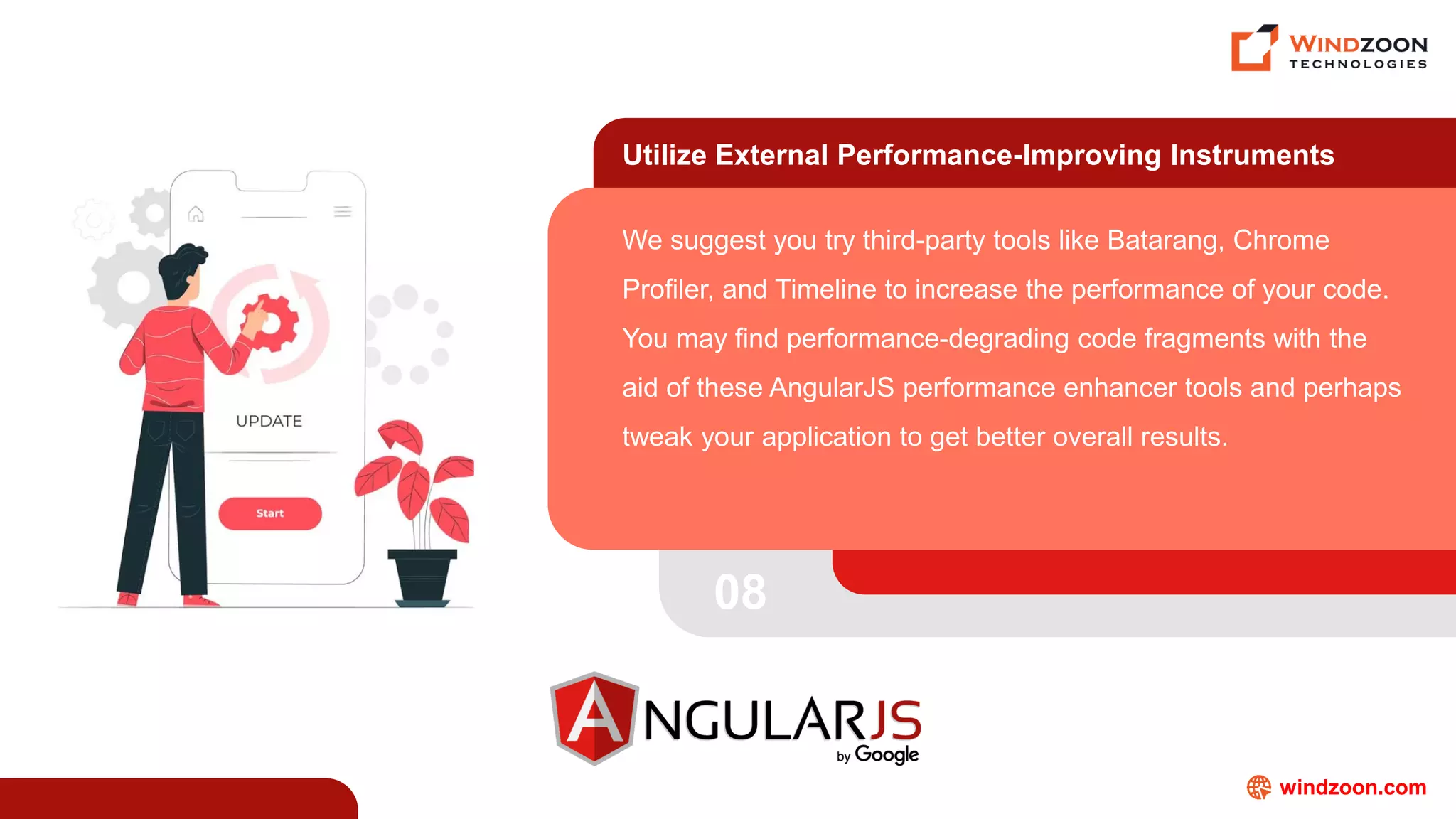 windzoon.com
Utilize External Performance-Improving Instruments
We suggest you try third-party tools like Batarang, Chrome
Profiler, and Timeline to increase the performance of your code.
You may find performance-degrading code fragments with the
aid of these AngularJS performance enhancer tools and perhaps
tweak your application to get better overall results.
08
 