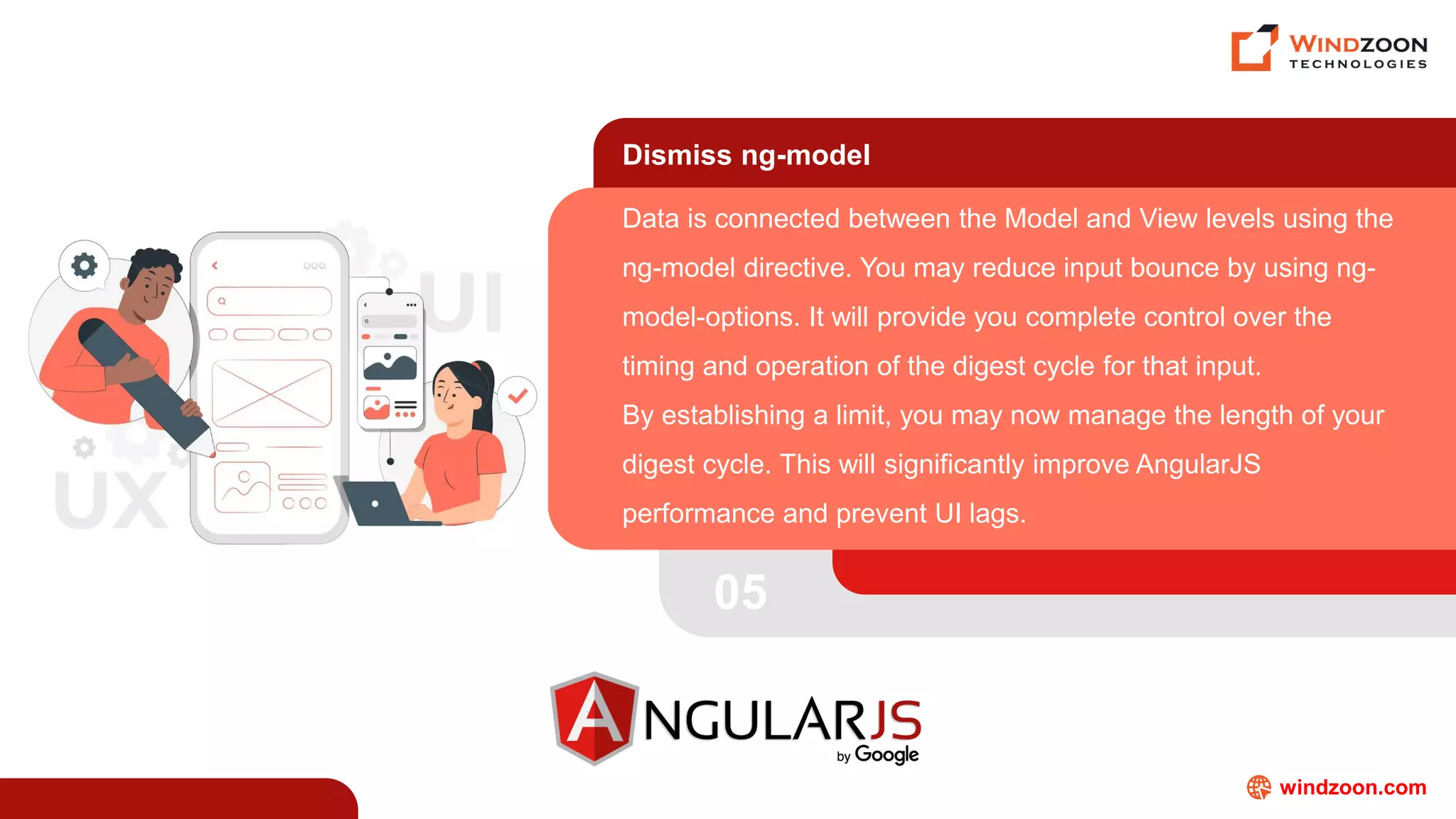 windzoon.com
Dismiss ng-model
Data is connected between the Model and View levels using the
ng-model directive. You may reduce input bounce by using ng-
model-options. It will provide you complete control over the
timing and operation of the digest cycle for that input.
By establishing a limit, you may now manage the length of your
digest cycle. This will significantly improve AngularJS
performance and prevent UI lags.
05
 