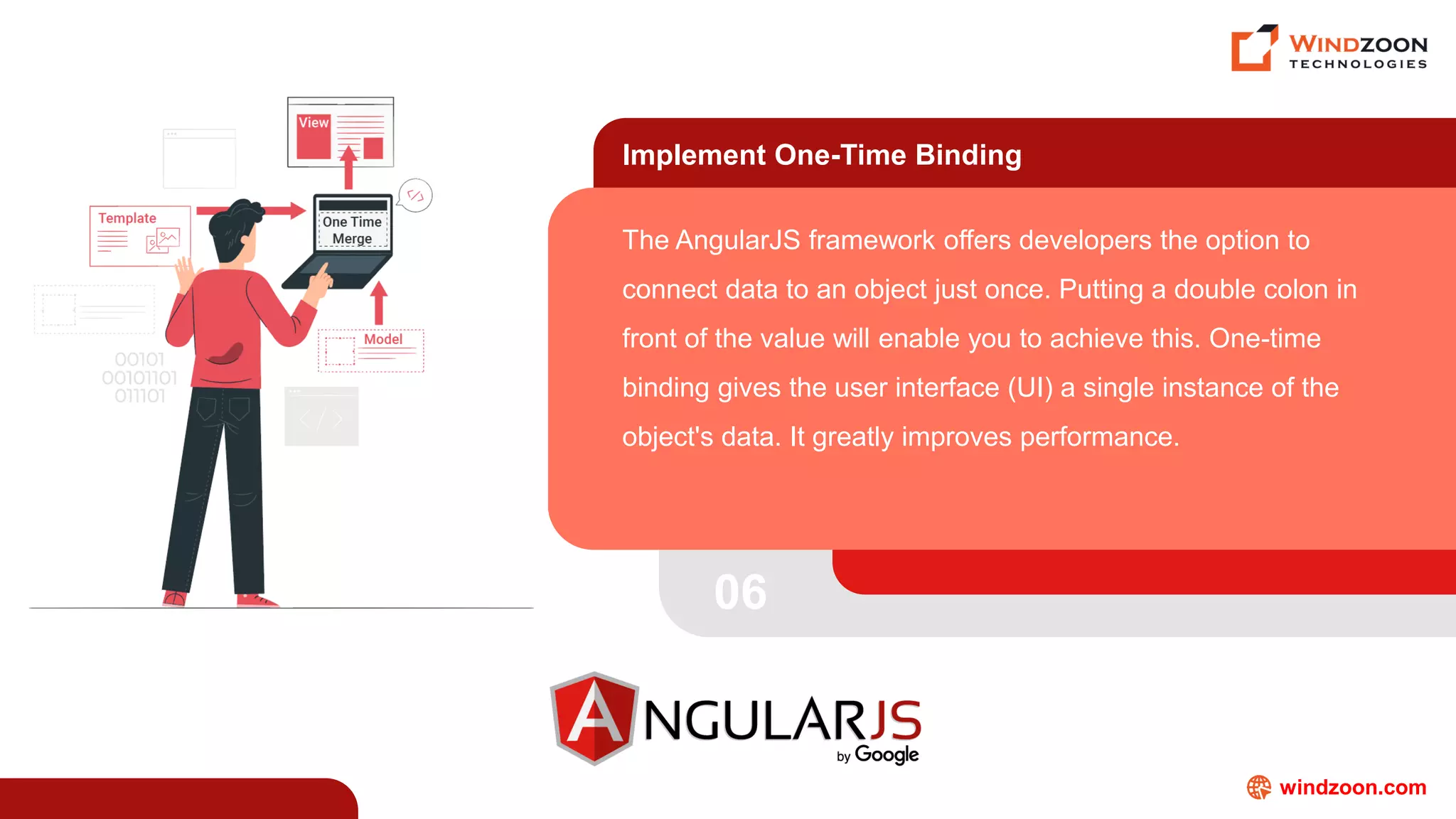 windzoon.com
Implement One-Time Binding
The AngularJS framework offers developers the option to
connect data to an object just once. Putting a double colon in
front of the value will enable you to achieve this. One-time
binding gives the user interface (UI) a single instance of the
object's data. It greatly improves performance.
06
 