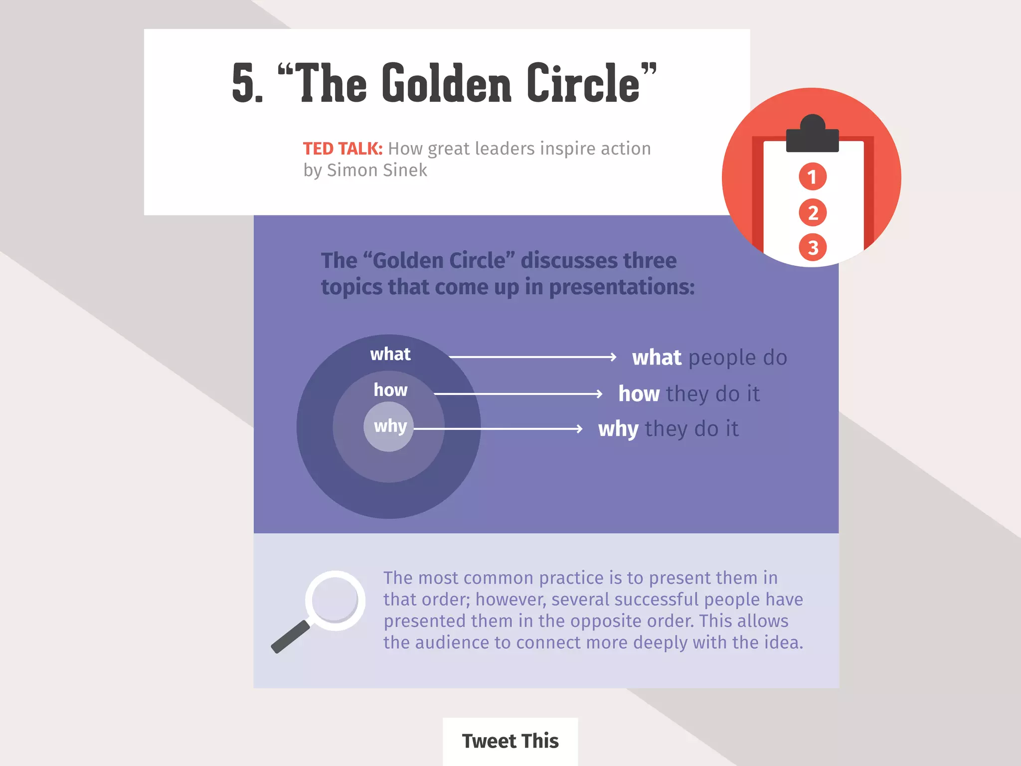 TED TALK: How great leaders inspire action
by Simon Sinek
5. “The Golden Circle”
what people do
why they do it
how they do it
what
how
why
The “Golden Circle” discusses three
topics that come up in presentations:
The most common practice is to present them in
that order; however, several successful people have
presented them in the opposite order. This allows
the audience to connect more deeply with the idea.
1
2
3
Tweet This
 