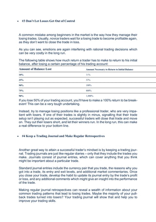  #3 Don’t Let Losses Get Out of Control
A common mistake among beginners in the market is the way how they manage their
losing trades. Usually, novice traders wait for a losing trade to become profitable again,
as they don’t want to close the trade in loss.
As you can see, emotions are again interfering with rational trading decisions which
can be very costly in the long run.
The following table shows how much return a trader has to make to return to his initial
balance, after losing a certain percentage of his trading account:
Amount of Balance Lost Amount Necessary to Return to Initial Balance
10% 11%
25% 33%
50% 100%
75% 400%
90% 1,000%
If you lose 50% of your trading account, you’ll have to make a 100% return to be break-
even! This can be a very tough undertaking.
Instead, try to manage losing positions like a professional trader, who are very impa-
tient with losers. If one of their trades is slightly in minus, signalling that their trade
setup isn’t playing out as expected, successful traders will close that trade and move
on. They cut their losers short, and let their winners run. In the long run, this can make
a real difference to your bottom line.
 #4 Keep a Trading Journal and Make Regular Retrospectives
Another great way to attain a successful trader’s mindset is by keeping a trading jour-
nal. Trading journals are just like regular diaries – only that they include the trades you
make. Journals consist of journal entries, which can cover anything that you think
might be important about a particular trade.
Standard journal entries include the currency pair that you trade, the reasons why you
got into a trade, its entry and exit levels, and additional market commentaries. Once
you close your trade, develop the habit to update its journal entry by the trade’s profit
or loss, and any additional comments which might give an insight into the performance
of the trade.
Making regular journal retrospectives can reveal a wealth of information about your
common trading patterns that lead to losing trades. Maybe the majority of your pull-
back trades turned into losers? Your trading journal will show that and help you to
improve your trading skills.
 