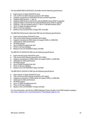 The ServeRAID M5210 SAS/SATA Controller has the following specifications:











Eight internal 12 Gbps SAS/SATA ports
Two x4 HD mini-SAS internal connectors (SFF-8643)
Supports connections to SAS/SATA drives and SAS Expanders
Supports RAID levels 0, 1, and 10
Supports RAID levels 5 and 50 with optional M5200 Series RAID 5 upgrades
Supports RAID 6 and 60 with the optional M5200 Series RAID 6 Upgrade
Supports 1 GB non-backed cache or 1 GB or 2 GB flash-backed cache
Up to 12 Gbps throughput per port
PCIe 3.0 x8 host interface
Based on the LSI SAS3108 12 Gbps ROC controller

The IBM 6Gb Performance Optimized HBA has the following specifications:









Eight internal 6 Gbps SAS/SATA ports
Two x4 mini-SAS internal connectors (SFF-8087)
Supports connections SSDs (does not support HDDs in x3500 M4)
Optimized for SSD performance
No RAID support
Up to 6 Gbps throughput per port
PCIe 2.0 x8 host interface
Based on the LSI SAS2008 6 Gbps controller

The IBM N2115 SAS/SATA HBA has the following specifications:









Eight internal 6 Gbps SAS/SATA ports
Two x4 mini-SAS internal connectors (SFF-8087)
Supports connections to SSDs (does not support HDDs in x3500 M4)
Optimized for SSD performance
No RAID support
Up to 6 Gbps throughput per port
PCIe 3.0 x8 host interface
Based on the LSI SAS2308 6 Gbps controller

The IBM N2215 SAS/SATA HBA has the following specifications:









Eight internal 12 Gbps SAS/SATA ports
Two x4 HD mini-SAS internal connectors (SFF-8643)
Supports connections to SSDs (does not support HDDs in x3500 M4)
Optimized for SSD performance
No RAID support
Up to 12 Gbps throughput per port
PCIe 3.0 x8 host interface
Based on the LSI SAS3008 12 Gbps controller

For more information, see the list of IBM Redbooks Product Guides in the RAID adapters category:
http://www.redbooks.ibm.com/portals/systemx?Open&page=pg&cat=raid

IBM System x3500 M4

26

 