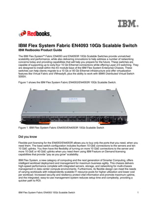 ®




IBM Flex System Fabric EN4093 10Gb Scalable Switch
IBM Redbooks Product Guide
The IBM Flex System™ Fabric EN4093 and EN4093R 10Gb Scalable Switches provide unmatched
scalability and performance, while also delivering innovations to help address a number of networking
concerns today and providing capabilities that will help you prepare for the future. These switches are
capable of supporting up to sixty-four 10 Gb Ethernet connections while offering Layer 2/3 switching. They
are designed to install within the I/O module bays of the IBM Flex System Enterprise Chassis. These
switches can help clients migrate to a 10 Gb or 40 Gb Ethernet infrastructure and offer virtualization
features like Virtual Fabric and VMready®, plus the ability to work with IBM® Distributed Virtual Switch
5000V.

Figure 1 shows the IBM Flex System Fabric EN4093/EN4093R 10Gb Scalable Switch.




Figure 1. IBM Flex System Fabric EN4093/EN4093R 10Gb Scalable Switch


Did you know
Flexible port licensing for the EN4093/EN4093R allows you to buy only the ports that you need, when you
need them. The base switch configuration includes fourteen 10 GbE connections to the servers and ten
10 GbE uplinks. You then have the flexibility of turning on more 10 GbE connections to the server and
more 10 GbE or 40 GbE uplinks when you need them using IBM Feature on Demand licensing
capabilities that provide “pay as you grow” scalability.

IBM Flex System, a new category of computing and the next generation of Smarter Computing, offers
intelligent workload deployment and management for maximum business agility. This chassis delivers
high-speed performance complete with integrated servers, storage, and networking for multi-chassis
management in data center compute environments. Furthermore, its flexible design can meet the needs
of varying workloads with independently scalable IT resource pools for higher utilization and lower cost
per workload. Increased security and resiliency protect vital information and promote maximum uptime,
and the integrated, easy-to-use management system reduces setup time and complexity, providing a
quicker path to ROI.



IBM Flex System Fabric EN4093 10Gb Scalable Switch                                                         1
 