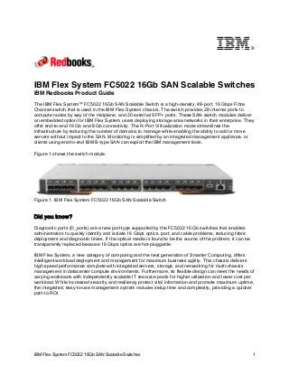 ®

IBM Flex System FC5022 16Gb SAN Scalable Switches
IBM Redbooks Product Guide
The IBM Flex System™ FC5022 16Gb SAN Scalable Switch is a high-density, 48-port, 16 Gbps Fibre
Channel switch that is used in the IBM Flex System chassis. The switch provides 28 internal ports to
compute nodes by way of the midplane, and 20 external SFP+ ports. These SAN switch modules deliver
an embedded option for IBM Flex System users deploying storage area networks in their enterprise. They
offer end-to-end 16 Gb and 8 Gb connectivity. The N-Port Virtualization mode streamlines the
infrastructure by reducing the number of domains to manage while enabling the ability to add or move
servers without impact to the SAN. Monitoring is simplified by an integrated management appliance, or
clients using end-to-end IBM B-type SAN can exploit the IBM management tools.
Figure 1 shows the switch module.

Figure 1. IBM Flex System FC5022 16Gb SAN Scalable Switch

Did you know?
Diagnostic ports (D_ports) are a new port type supported by the FC5022 16 Gb switches that enables
administrators to quickly identify and isolate 16 Gbps optics, port, and cable problems, reducing fabric
deployment and diagnostic times. If the optical media is found to be the source of the problem, it can be
transparently replaced because 16 Gbps optics are hot-pluggable.
IBM Flex System, a new category of computing and the next generation of Smarter Computing, offers
intelligent workload deployment and management for maximum business agility. This chassis delivers
high-speed performance complete with integrated servers, storage, and networking for multi-chassis
management in datacenter compute environments. Furthermore, its flexible design can meet the needs of
varying workloads with independently scalable IT resource pools for higher utilization and lower cost per
workload. While increased security and resiliency protect vital information and promote maximum uptime,
the integrated, easy-to-use management system reduces setup time and complexity, providing a quicker
path to ROI.

IBM Flex System FC5022 16Gb SAN Scalable Switches

1

 