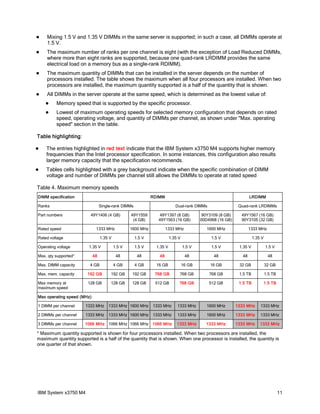    Mixing 1.5 V and 1.35 V DIMMs in the same server is supported; in such a case, all DIMMs operate at
    1.5 V.
   The maximum number of ranks per one channel is eight (with the exception of Load Reduced DIMMs,
    where more than eight ranks are supported, because one quad-rank LRDIMM provides the same
    electrical load on a memory bus as a single-rank RDIMM).
   The maximum quantity of DIMMs that can be installed in the server depends on the number of
    processors installed. The table shows the maximum when all four processors are installed. When two
    processors are installed, the maximum quantity supported is a half of the quantity that is shown.
   All DIMMs in the server operate at the same speed, which is determined as the lowest value of:
        Memory speed that is supported by the specific processor.
        Lowest of maximum operating speeds for selected memory configuration that depends on rated
         speed, operating voltage, and quantity of DIMMs per channel, as shown under "Max. operating
         speed" section in the table.

Table highlighting:

   The entries highlighted in red text indicate that the IBM System x3750 M4 supports higher memory
    frequencies than the Intel processor specification. In some instances, this configuration also results
    larger memory capacity that the specification recommends.
   Tables cells highlighted with a grey background indicate when the specific combination of DIMM
    voltage and number of DIMMs per channel still allows the DIMMs to operate at rated speed

Table 4. Maximum memory speeds
DIMM specification                                           RDIMM                                                 LRDIMM

Ranks                            Single-rank DIMMs                         Dual-rank DIMMs                  Quad-rank LRDIMMs

Part numbers             49Y1406 (4 GB)           49Y1559       49Y1397 (8 GB)            90Y3109 (8 GB)     49Y1567 (16 GB)
                                                   (4 GB)       49Y1563 (16 GB)          00D4968 (16 GB)     90Y3105 (32 GB)

Rated speed                  1333 MHz             1600 MHz           1333 MHz               1600 MHz               1333 MHz

Rated voltage                    1.35 V              1.5 V              1.35 V                1.5 V                  1.35 V

Operating voltage       1.35 V            1.5 V      1.5 V     1.35 V            1.5 V        1.5 V         1.35 V            1.5 V

Max. qty supported*         48             48         48        48                48           48             48               48

Max. DIMM capacity       4 GB             4 GB       4 GB      16 GB             16 GB       16 GB          32 GB             32 GB

Max. mem. capacity      192 GB        192 GB       192 GB     768 GB         768 GB          768 GB         1.5 TB            1.5 TB

Max memory at           128 GB        128 GB       128 GB     512 GB         768 GB          512 GB         1.5 TB            1.5 TB
maximum speed

Max operating speed (MHz)

1 DIMM per channel     1333 MHz      1333 MHz 1600 MHz       1333 MHz       1333 MHz        1600 MHz       1333 MHz      1333 MHz

2 DIMMs per channel    1333 MHz      1333 MHz 1600 MHz       1333 MHz       1333 MHz        1600 MHz       1333 MHz      1333 MHz

3 DIMMs per channel   1066 MHz 1066 MHz 1066 MHz 1066 MHz                   1333 MHz       1333 MHz        1333 MHz      1333 MHz

* Maximum quantity supported is shown for four processors installed. When two processors are installed, the
maximum quantity supported is a half of the quantity that is shown. When one processor is installed, the quantity is
one quarter of that shown.




IBM System x3750 M4                                                                                                                    11
 