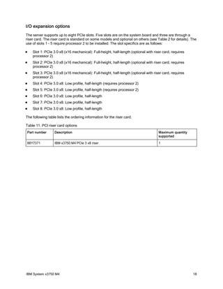 I/O expansion options
The server supports up to eight PCIe slots. Five slots are on the system board and three are through a
riser card. The riser card is standard on some models and optional on others (see Table 2 for details). The
use of slots 1 - 5 require processor 2 to be installed. The slot specifics are as follows:

   Slot 1: PCIe 3.0 x8 (x16 mechanical): Full-height, half-length (optional with riser card, requires
    processor 2)
   Slot 2: PCIe 3.0 x8 (x16 mechanical): Full-height, half-length (optional with riser card, requires
    processor 2)
   Slot 3: PCIe 3.0 x8 (x16 mechanical): Full-height, half-length (optional with riser card, requires
    processor 2)
   Slot 4: PCIe 3.0 x8: Low profile, half-length (requires processor 2)
   Slot 5: PCIe 3.0 x8: Low profile, half-length (requires processor 2)
   Slot 6: PCIe 3.0 x8: Low profile, half-length
   Slot 7: PCIe 3.0 x8: Low profile, half-length
   Slot 8: PCIe 3.0 x8: Low profile, half-length

The following table lists the ordering information for the riser card.

Table 11. PCI riser card options
Part number        Description                                                       Maximum quantity
                                                                                     supported

88Y7371            IBM x3750 M4 PCIe 3 x8 riser                                      1




IBM System x3750 M4                                                                                      18
 