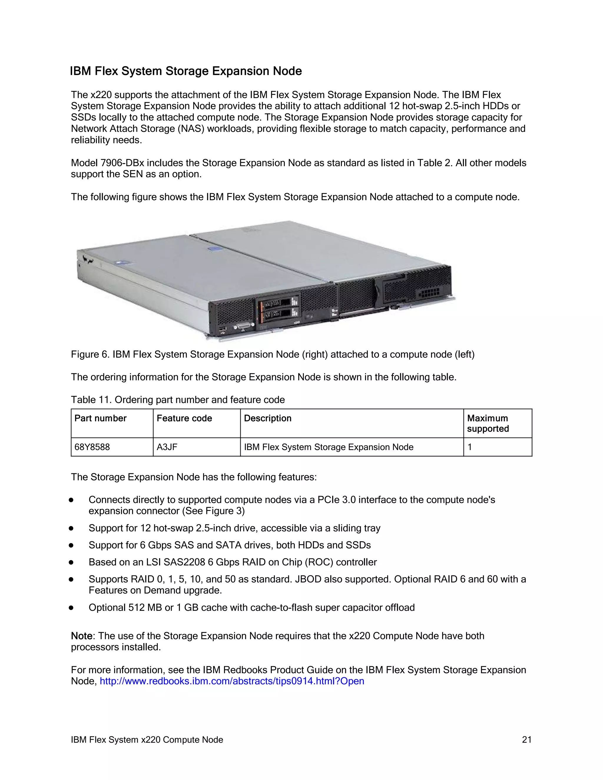 IBM Flex System Storage Expansion Node
The x220 supports the attachment of the IBM Flex System Storage Expansion Node. The IBM Flex
System Storage Expansion Node provides the ability to attach additional 12 hot-swap 2.5-inch HDDs or
SSDs locally to the attached compute node. The Storage Expansion Node provides storage capacity for
Network Attach Storage (NAS) workloads, providing flexible storage to match capacity, performance and
reliability needs.
Model 7906-DBx includes the Storage Expansion Node as standard as listed in Table 2. All other models
support the SEN as an option.
The following figure shows the IBM Flex System Storage Expansion Node attached to a compute node.

Figure 6. IBM Flex System Storage Expansion Node (right) attached to a compute node (left)
The ordering information for the Storage Expansion Node is shown in the following table.
Table 11. Ordering part number and feature code
Part number

Feature code

Description

Maximum
supported

68Y8588

A3JF

IBM Flex System Storage Expansion Node

1

The Storage Expansion Node has the following features:


Connects directly to supported compute nodes via a PCIe 3.0 interface to the compute node's
expansion connector (See Figure 3)



Support for 12 hot-swap 2.5-inch drive, accessible via a sliding tray



Support for 6 Gbps SAS and SATA drives, both HDDs and SSDs



Based on an LSI SAS2208 6 Gbps RAID on Chip (ROC) controller



Supports RAID 0, 1, 5, 10, and 50 as standard. JBOD also supported. Optional RAID 6 and 60 with a
Features on Demand upgrade.



Optional 512 MB or 1 GB cache with cache-to-flash super capacitor offload

Note: The use of the Storage Expansion Node requires that the x220 Compute Node have both
processors installed.
For more information, see the IBM Redbooks Product Guide on the IBM Flex System Storage Expansion
Node, http://www.redbooks.ibm.com/abstracts/tips0914.html?Open

IBM Flex System x220 Compute Node

21

 