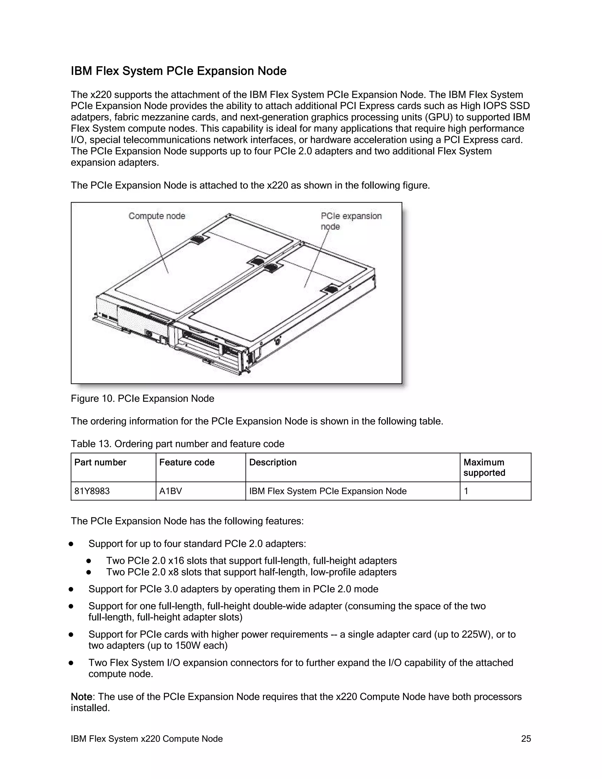 IBM Flex System PCIe Expansion Node
The x220 supports the attachment of the IBM Flex System PCIe Expansion Node. The IBM Flex System
PCIe Expansion Node provides the ability to attach additional PCI Express cards such as High IOPS SSD
adatpers, fabric mezzanine cards, and next-generation graphics processing units (GPU) to supported IBM
Flex System compute nodes. This capability is ideal for many applications that require high performance
I/O, special telecommunications network interfaces, or hardware acceleration using a PCI Express card.
The PCIe Expansion Node supports up to four PCIe 2.0 adapters and two additional Flex System
expansion adapters.
The PCIe Expansion Node is attached to the x220 as shown in the following figure.

Figure 10. PCIe Expansion Node
The ordering information for the PCIe Expansion Node is shown in the following table.
Table 13. Ordering part number and feature code
Part number

Feature code

Description

Maximum
supported

81Y8983

A1BV

IBM Flex System PCIe Expansion Node

1

The PCIe Expansion Node has the following features:


Support for up to four standard PCIe 2.0 adapters:



Two PCIe 2.0 x16 slots that support full-length, full-height adapters
Two PCIe 2.0 x8 slots that support half-length, low-profile adapters



Support for PCIe 3.0 adapters by operating them in PCIe 2.0 mode



Support for one full-length, full-height double-wide adapter (consuming the space of the two
full-length, full-height adapter slots)



Support for PCIe cards with higher power requirements -- a single adapter card (up to 225W), or to
two adapters (up to 150W each)



Two Flex System I/O expansion connectors for to further expand the I/O capability of the attached
compute node.

Note: The use of the PCIe Expansion Node requires that the x220 Compute Node have both processors
installed.
IBM Flex System x220 Compute Node

25

 