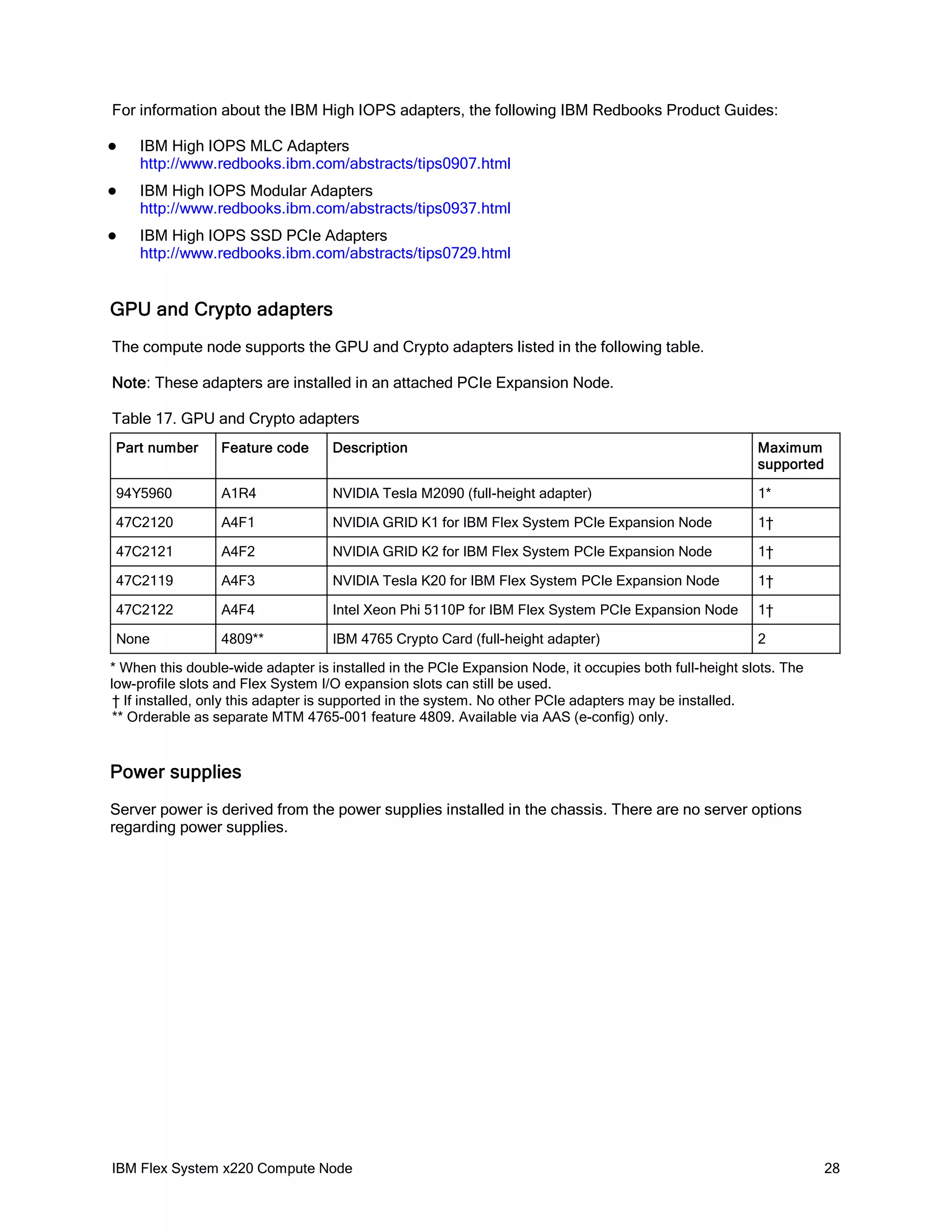 For information about the IBM High IOPS adapters, the following IBM Redbooks Product Guides:


IBM High IOPS MLC Adapters
http://www.redbooks.ibm.com/abstracts/tips0907.html



IBM High IOPS Modular Adapters
http://www.redbooks.ibm.com/abstracts/tips0937.html



IBM High IOPS SSD PCIe Adapters
http://www.redbooks.ibm.com/abstracts/tips0729.html

GPU and Crypto adapters
The compute node supports the GPU and Crypto adapters listed in the following table.
Note: These adapters are installed in an attached PCIe Expansion Node.
Table 17. GPU and Crypto adapters
Part number

Feature code

Description

Maximum
supported

94Y5960

A1R4

NVIDIA Tesla M2090 (full-height adapter)

1*

47C2120

A4F1

NVIDIA GRID K1 for IBM Flex System PCIe Expansion Node

1†

47C2121

A4F2

NVIDIA GRID K2 for IBM Flex System PCIe Expansion Node

1†

47C2119

A4F3

NVIDIA Tesla K20 for IBM Flex System PCIe Expansion Node

1†

47C2122

A4F4

Intel Xeon Phi 5110P for IBM Flex System PCIe Expansion Node

1†

None

4809**

IBM 4765 Crypto Card (full-height adapter)

2

* When this double-wide adapter is installed in the PCIe Expansion Node, it occupies both full-height slots. The
low-profile slots and Flex System I/O expansion slots can still be used.
† If installed, only this adapter is supported in the system. No other PCIe adapters may be installed.
** Orderable as separate MTM 4765-001 feature 4809. Available via AAS (e-config) only.

Power supplies
Server power is derived from the power supplies installed in the chassis. There are no server options
regarding power supplies.

IBM Flex System x220 Compute Node

28

 