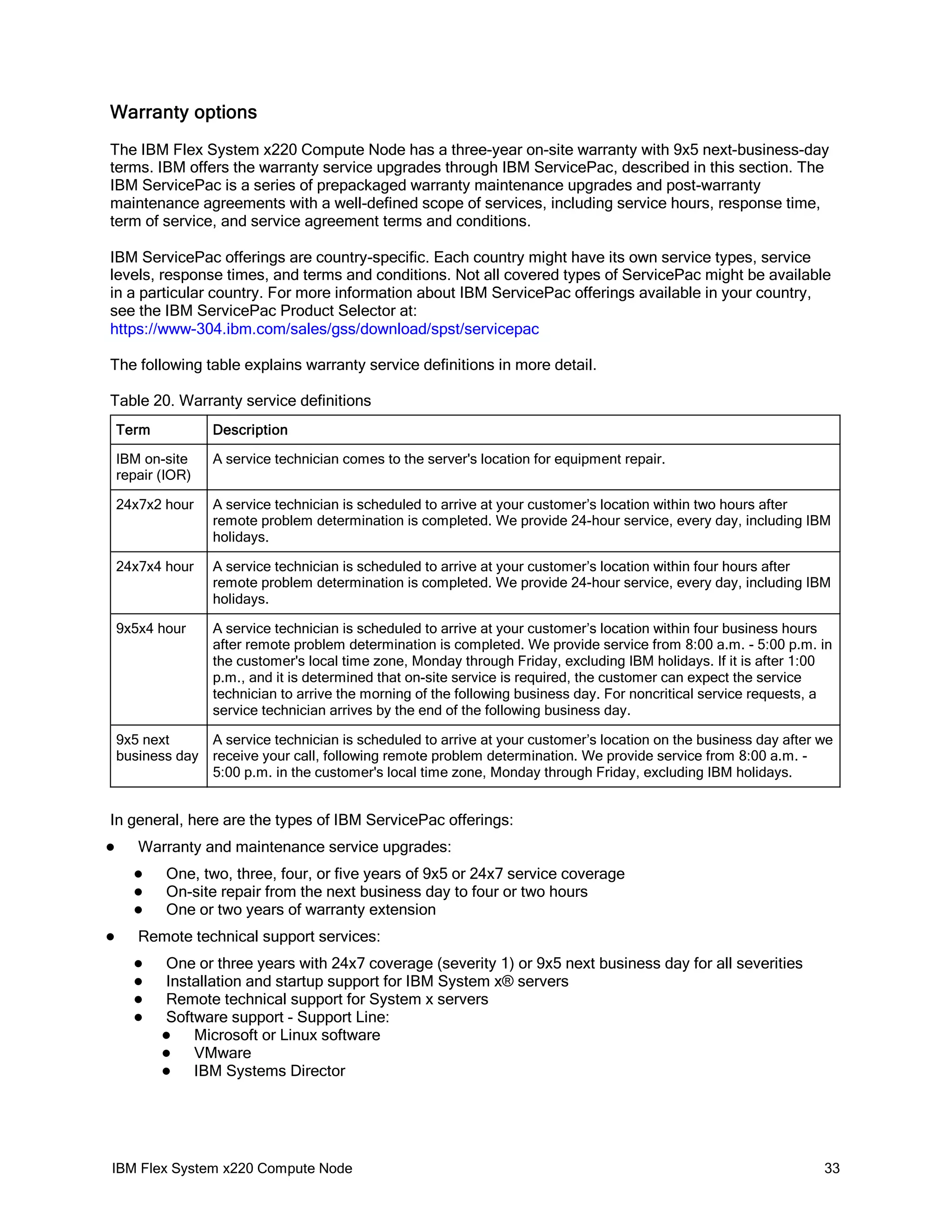 Warranty options
The IBM Flex System x220 Compute Node has a three-year on-site warranty with 9x5 next-business-day
terms. IBM offers the warranty service upgrades through IBM ServicePac, described in this section. The
IBM ServicePac is a series of prepackaged warranty maintenance upgrades and post-warranty
maintenance agreements with a well-defined scope of services, including service hours, response time,
term of service, and service agreement terms and conditions.
IBM ServicePac offerings are country-specific. Each country might have its own service types, service
levels, response times, and terms and conditions. Not all covered types of ServicePac might be available
in a particular country. For more information about IBM ServicePac offerings available in your country,
see the IBM ServicePac Product Selector at:
https://www-304.ibm.com/sales/gss/download/spst/servicepac
The following table explains warranty service definitions in more detail.
Table 20. Warranty service definitions
Term

Description

IBM on-site
repair (IOR)

A service technician comes to the server's location for equipment repair.

24x7x2 hour

A service technician is scheduled to arrive at your customer’s location within two hours after
remote problem determination is completed. We provide 24-hour service, every day, including IBM
holidays.

24x7x4 hour

A service technician is scheduled to arrive at your customer’s location within four hours after
remote problem determination is completed. We provide 24-hour service, every day, including IBM
holidays.

9x5x4 hour

A service technician is scheduled to arrive at your customer’s location within four business hours
after remote problem determination is completed. We provide service from 8:00 a.m. - 5:00 p.m. in
the customer's local time zone, Monday through Friday, excluding IBM holidays. If it is after 1:00
p.m., and it is determined that on-site service is required, the customer can expect the service
technician to arrive the morning of the following business day. For noncritical service requests, a
service technician arrives by the end of the following business day.

9x5 next
business day

A service technician is scheduled to arrive at your customer’s location on the business day after we
receive your call, following remote problem determination. We provide service from 8:00 a.m. 5:00 p.m. in the customer's local time zone, Monday through Friday, excluding IBM holidays.

In general, here are the types of IBM ServicePac offerings:


Warranty and maintenance service upgrades:






One, two, three, four, or five years of 9x5 or 24x7 service coverage
On-site repair from the next business day to four or two hours
One or two years of warranty extension

Remote technical support services:





One or three years with 24x7 coverage (severity 1) or 9x5 next business day for all severities
Installation and startup support for IBM System x® servers
Remote technical support for System x servers
Software support - Support Line:

Microsoft or Linux software

VMware

IBM Systems Director

IBM Flex System x220 Compute Node

33

 