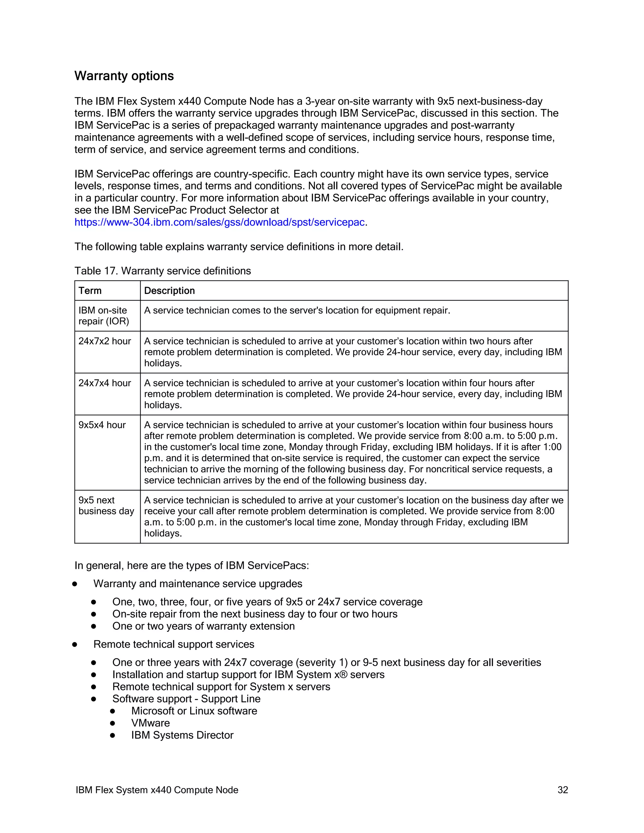 Warranty options
The IBM Flex System x440 Compute Node has a 3-year on-site warranty with 9x5 next-business-day
terms. IBM offers the warranty service upgrades through IBM ServicePac, discussed in this section. The
IBM ServicePac is a series of prepackaged warranty maintenance upgrades and post-warranty
maintenance agreements with a well-defined scope of services, including service hours, response time,
term of service, and service agreement terms and conditions.
IBM ServicePac offerings are country-specific. Each country might have its own service types, service
levels, response times, and terms and conditions. Not all covered types of ServicePac might be available
in a particular country. For more information about IBM ServicePac offerings available in your country,
see the IBM ServicePac Product Selector at
https://www-304.ibm.com/sales/gss/download/spst/servicepac.
The following table explains warranty service definitions in more detail.
Table 17. Warranty service definitions
Term

Description

IBM on-site
repair (IOR)

A service technician comes to the server's location for equipment repair.

24x7x2 hour

A service technician is scheduled to arrive at your customer’s location within two hours after
remote problem determination is completed. We provide 24-hour service, every day, including IBM
holidays.

24x7x4 hour

A service technician is scheduled to arrive at your customer’s location within four hours after
remote problem determination is completed. We provide 24-hour service, every day, including IBM
holidays.

9x5x4 hour

A service technician is scheduled to arrive at your customer’s location within four business hours
after remote problem determination is completed. We provide service from 8:00 a.m. to 5:00 p.m.
in the customer's local time zone, Monday through Friday, excluding IBM holidays. If it is after 1:00
p.m. and it is determined that on-site service is required, the customer can expect the service
technician to arrive the morning of the following business day. For noncritical service requests, a
service technician arrives by the end of the following business day.

9x5 next
business day

A service technician is scheduled to arrive at your customer’s location on the business day after we
receive your call after remote problem determination is completed. We provide service from 8:00
a.m. to 5:00 p.m. in the customer's local time zone, Monday through Friday, excluding IBM
holidays.

In general, here are the types of IBM ServicePacs:


Warranty and maintenance service upgrades






One, two, three, four, or five years of 9x5 or 24x7 service coverage
On-site repair from the next business day to four or two hours
One or two years of warranty extension

Remote technical support services





One or three years with 24x7 coverage (severity 1) or 9-5 next business day for all severities
Installation and startup support for IBM System x® servers
Remote technical support for System x servers
Software support - Support Line

Microsoft or Linux software

VMware

IBM Systems Director

IBM Flex System x440 Compute Node

32

 