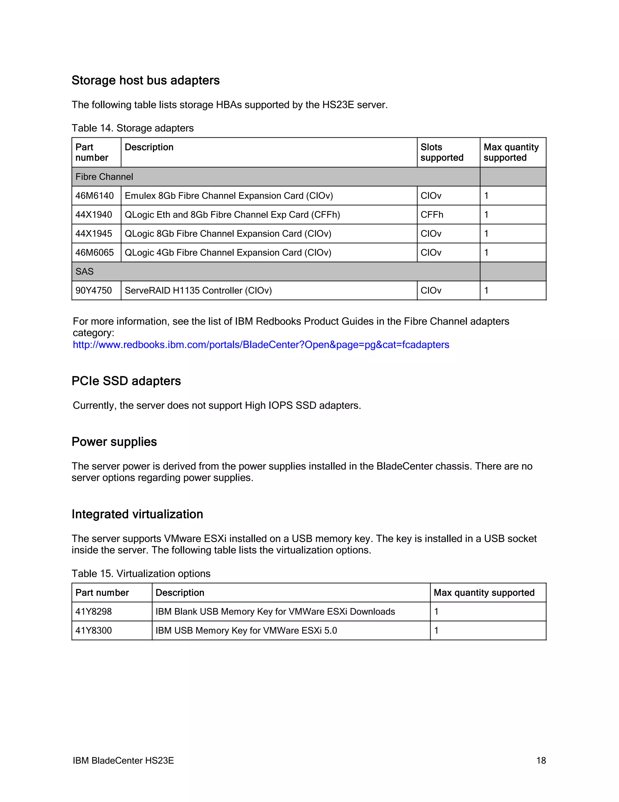 Storage host bus adapters
The following table lists storage HBAs supported by the HS23E server.

Table 14. Storage adapters
Part        Description                                                      Slots         Max quantity
number                                                                       supported     supported

Fibre Channel

46M6140     Emulex 8Gb Fibre Channel Expansion Card (CIOv)                   CIOv          1

44X1940     QLogic Eth and 8Gb Fibre Channel Exp Card (CFFh)                 CFFh          1

44X1945     QLogic 8Gb Fibre Channel Expansion Card (CIOv)                   CIOv          1

46M6065     QLogic 4Gb Fibre Channel Expansion Card (CIOv)                   CIOv          1

SAS

90Y4750     ServeRAID H1135 Controller (CIOv)                                CIOv          1


For more information, see the list of IBM Redbooks Product Guides in the Fibre Channel adapters
category:
http://www.redbooks.ibm.com/portals/BladeCenter?Open&page=pg&cat=fcadapters


PCIe SSD adapters
Currently, the server does not support High IOPS SSD adapters.


Power supplies
The server power is derived from the power supplies installed in the BladeCenter chassis. There are no
server options regarding power supplies.


Integrated virtualization
The server supports VMware ESXi installed on a USB memory key. The key is installed in a USB socket
inside the server. The following table lists the virtualization options.

Table 15. Virtualization options
Part number        Description                                                  Max quantity supported

41Y8298            IBM Blank USB Memory Key for VMWare ESXi Downloads           1

41Y8300            IBM USB Memory Key for VMWare ESXi 5.0                       1




IBM BladeCenter HS23E                                                                                    18
 