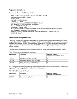 Regulatory compliance
The server conforms to the following standards:

   FCC - Verified to comply with Part 15 of the FCC Rules, Class A
   Canada ICES-003, issue 4, Class A
   UL/IEC 60950-1
   CSA C22.2 No. 60950-1-03
   Japan VCCI, Class A
   Australia/New Zealand AS/NZS CISPR 22:2006, Class A
   IEC 60950-1(CB Certificate and CB Test Report)
   Taiwan BSMI CNS13438, Class A;
   Korea KN22, Class A; KN24
   Russia/GOST ME01, IEC-60950-1, GOST R 51318.22-99, GOST R 51318.24-99, GOST R
    51317.3.2-2006, and GOST R 51317.3.3-99
   CE Mark (EN55022 Class A, EN60950-1, EN55024, EN61000-3-2, and EN61000-3-3)
   CISPR 22, Class A


External disk storage expansion
The HS23E supports attachments to external storage expansion enclosures such as the EXP3000 series,
using the ServeRAID H1135 Controller installed in the CIOv slot of the blade server (see the "Internal disk
storage options" section for more information about ServeRAID H1135). HS23E can also be attached to
supported external storage systems such as the DS3500 series, using the supported expansion cards
listed in Table 14.

The external disk storage expansion enclosures listed in the following table are supported with HS23E.

Table 17. External storage expansion enclosures
Part number         Description                                      Maximum quantity
                                                                     supported per one blade server

172701X             IBM System Storage® EXP3000                      1

174712X             IBM System Storage EXP2512 Express               1

174724X             IBM System Storage EXP2524 Express               1


SAS Connectivity Modules (one or two) must be installed into the chassis to support external disk storage
expansion. The following table lists the SAS Connectivity Module.

Table 18. SAS Connectivity Modules
Part number         Description                                      Maximum quantity
                                                                     supported per one chassis

39Y9195             SAS Connectivity Module                          2




IBM BladeCenter HS23E                                                                                    22
 