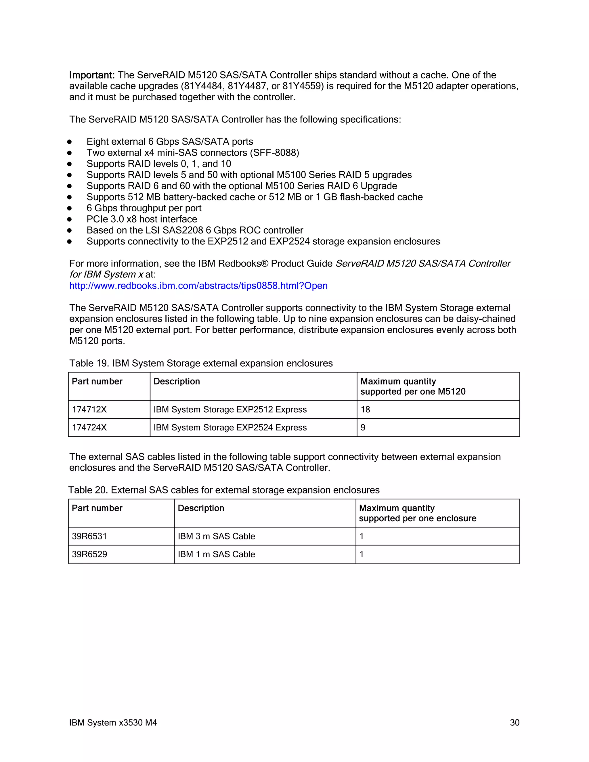 Important: The ServeRAID M5120 SAS/SATA Controller ships standard without a cache. One of the
available cache upgrades (81Y4484, 81Y4487, or 81Y4559) is required for the M5120 adapter operations,
and it must be purchased together with the controller.

The ServeRAID M5120 SAS/SATA Controller has the following specifications:

   Eight external 6 Gbps SAS/SATA ports
   Two external x4 mini-SAS connectors (SFF-8088)
   Supports RAID levels 0, 1, and 10
   Supports RAID levels 5 and 50 with optional M5100 Series RAID 5 upgrades
   Supports RAID 6 and 60 with the optional M5100 Series RAID 6 Upgrade
   Supports 512 MB battery-backed cache or 512 MB or 1 GB flash-backed cache
   6 Gbps throughput per port
   PCIe 3.0 x8 host interface
   Based on the LSI SAS2208 6 Gbps ROC controller
   Supports connectivity to the EXP2512 and EXP2524 storage expansion enclosures

For more information, see the IBM Redbooks® Product Guide ServeRAID M5120 SAS/SATA Controller
for IBM System x at:
http://www.redbooks.ibm.com/abstracts/tips0858.html?Open

The ServeRAID M5120 SAS/SATA Controller supports connectivity to the IBM System Storage external
expansion enclosures listed in the following table. Up to nine expansion enclosures can be daisy-chained
per one M5120 external port. For better performance, distribute expansion enclosures evenly across both
M5120 ports.

Table 19. IBM System Storage external expansion enclosures
Part number        Description                                      Maximum quantity
                                                                    supported per one M5120

174712X            IBM System Storage EXP2512 Express               18

174724X            IBM System Storage EXP2524 Express               9


The external SAS cables listed in the following table support connectivity between external expansion
enclosures and the ServeRAID M5120 SAS/SATA Controller.

Table 20. External SAS cables for external storage expansion enclosures
Part number              Description                               Maximum quantity
                                                                   supported per one enclosure

39R6531                  IBM 3 m SAS Cable                         1

39R6529                  IBM 1 m SAS Cable                         1




IBM System x3530 M4                                                                                     30
 