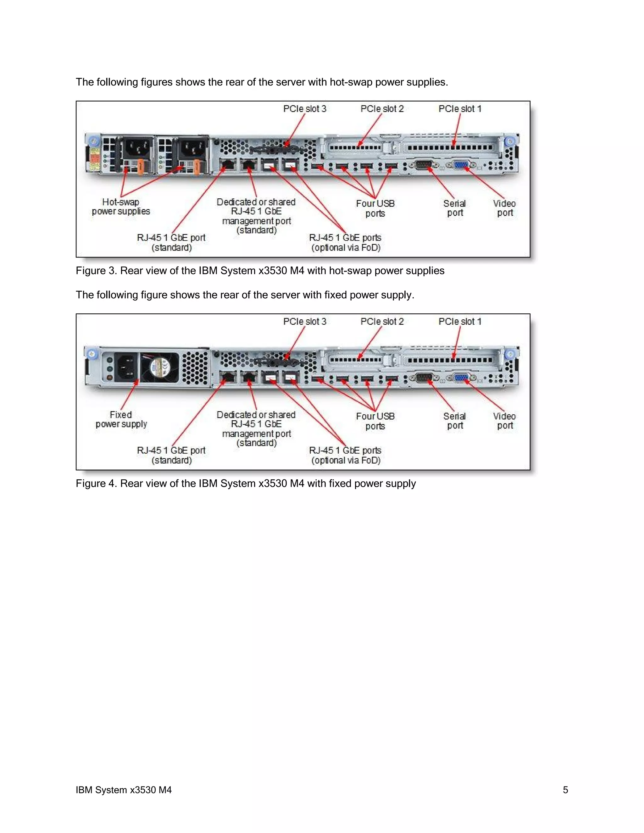 The following figures shows the rear of the server with hot-swap power supplies.




Figure 3. Rear view of the IBM System x3530 M4 with hot-swap power supplies

The following figure shows the rear of the server with fixed power supply.




Figure 4. Rear view of the IBM System x3530 M4 with fixed power supply




IBM System x3530 M4                                                                5
 