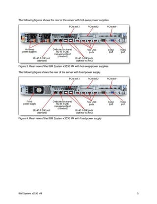 The following figures shows the rear of the server with hot-swap power supplies.




Figure 3. Rear view of the IBM System x3530 M4 with hot-swap power supplies

The following figure shows the rear of the server with fixed power supply.




Figure 4. Rear view of the IBM System x3530 M4 with fixed power supply




IBM System x3530 M4                                                                5
 