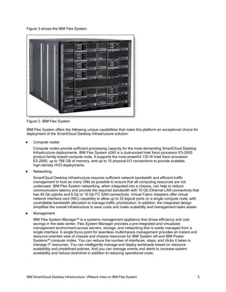 Figure 3 shows the IBM Flex System.

Figure 3. IBM Flex System
IBM Flex System offers the following unique capabilities that make this platform an exceptional choice for
deployment of the SmartCloud Desktop Infrastructure solution:


Compute nodes
Compute nodes provide sufficient processing capacity for the most demanding SmartCloud Desktop
Infrastructure deployments. IBM Flex System x240 is a dual-socket Intel Xeon processor E5-2600
product family-based compute node. It supports the most powerful 135 W Intel Xeon processor
E5-2690, up to 768 GB of memory, and up to 16 physical I/O connections to provide scalable,
high-density HVD deployments.



Networking
SmartCloud Desktop Infrastructure requires sufficient network bandwidth and efficient traffic
management to host as many VMs as possible to ensure that all computing resources are not
underused. IBM Flex System networking, when integrated into a chassis, can help to reduce
communication latency and provide the required bandwidth with 10 Gb Ethernet LAN connectivity that
has 40 Gb uplinks and 8 Gb or 16 Gb FC SAN connectivity. Virtual Fabric Adapters offer virtual
network interface card (NIC) capability to allow up to 32 logical ports on a single compute node, with
controllable bandwidth allocation to manage traffic prioritization. In addition, the integrated design
simplifies the overall infrastructure to save costs and make scalability and management tasks easier.



Management
IBM Flex System Manager™ is a systems management appliance that drives efficiency and cost
savings in the data center. Flex System Manager provides a pre-integrated and virtualized
management environment across servers, storage, and networking that is easily managed from a
single interface. A single focus point for seamless multichassis management provides an instant and
resource-oriented view of chassis and chassis resources for IBM System x® and IBM Power
Systems™ compute nodes. You can reduce the number of interfaces, steps, and clicks it takes to
manage IT resources. You can intelligently manage and deploy workloads based on resource
availability and predefined policies. And you can manage events and alerts to increase system
availability and reduce downtime in addition to reducing operational costs.

IBM SmartCloud Desktop Infrastructure: VMware View on IBM Flex System

5

 
