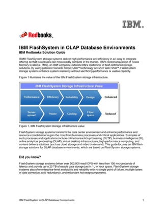 IBM FlashSystem in OLAP Database Environments 1
®
IBM FlashSystem in OLAP Database Environments
IBM Redbooks Solution Guide
IBM® FlashSystem storage systems deliver high performance and efficiency in an easy to integrate
offering so that businesses can more readily compete in the market. IBM's recent acquisition of Texas
Memory Systems (TMS), an IBM Company, extends IBM's leadership in flash optimized storage
solutions. By using patented Variable Stripe RAID™ technology and 2D Flash RAID™, FlashSystem
storage systems enhance system resiliency without sacrificing performance or usable capacity.
Figure 1 illustrates the value of the IBM FlashSystem storage infrastructure.
Figure 1. IBM FlashSystem storage infrastructure value
FlashSystem storage systems transform the data center environment and enhance performance and
resource consolidation to gain the most from business processes and critical applications. Examples of
such processes and applications include online transaction processing (OLTP), business intelligence (BI),
online analytical processing (OLAP), virtual desktop infrastructures, high-performance computing, and
content delivery solutions (such as cloud storage and video on demand). This guide focuses on IBM flash
storage solutions for OLAP database environments, which are based on FlashSystem storage systems.
Did you know?
FlashSystem storage systems deliver over 500,000 read IOPS with less than 100 microseconds of
latency and provide up to 20 TB of usable data storage just in 1U of rack space. FlashSystem storage
systems also offer enterprise-level availability and reliability with no single point of failure, multiple layers
of data correction, chip redundancy, and redundant hot swap components.
 