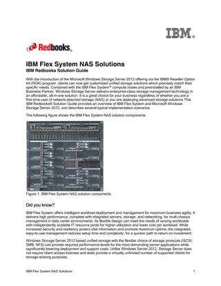 ®

IBM Flex System NAS Solutions
IBM Redbooks Solution Guide
With the introduction of the Microsoft Windows Storage Server 2012 offering via the IBM® Reseller Option
Kit (ROK) program, clients can now get customized unified storage solutions which precisely match their
specific needs. Combined with the IBM Flex System™ compute nodes and preinstalled by an IBM
Business Partner, Windows Storage Server delivers enterprise-class storage management technology in
an affordable, all-in-one solution. It is a great choice for your business regardless of whether you are a
first-time user of network-attached storage (NAS) or you are deploying advanced storage solutions.This
IBM Redbooks® Solution Guide provides an overview of IBM Flex System and Microsoft Windows
Storage Server 2012, and describes several typical implementation scenarios.
The following figure shows the IBM Flex System NAS solution components.

Figure 1. IBM Flex System NAS solution components

Did you know?
IBM Flex System offers intelligent workload deployment and management for maximum business agility. It
delivers high performance, complete with integrated servers, storage, and networking, for multi-chassis
management in data center environments. Its flexible design can meet the needs of varying workloads
with independently scalable IT resource pools for higher utilization and lower cost per workload. While
increased security and resiliency protect vital information and promote maximum uptime, the integrated,
easy-to-use management reduces setup time and complexity, for a quicker path to return on investment.
Windows Storage Server 2012 based unified storage with the flexible choice of storage protocols (iSCSI,
SMB, NFS) can provide required performance levels for the most demanding server applications while
significantly lowering deployment and support costs. Unlike Windows Server 2012, Storage Server does
not require client access licenses and does provide a virtually unlimited number of supported clients for
storage-sharing purposes.

IBM Flex System NAS Solutions

1

 