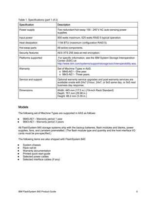 Table 1. Specifications (part 1 of 2)
Specification

Description

Power supply

Two redundant hot-swap 100 - 240 V AC auto-sensing power
supplies.

Input power

900 watts maximum, 625 watts RAID 5 typical operation.

Heat dissipation

1194 BTU (maximum configuration RAID 5).

Hot-swap parts

All active components.

Security features

AES XTS 256 data-at-rest encryption.

Platforms supported

For specific information, see the IBM System Storage Interoperation
Center (SSIC) at
http://www.ibm.com/systems/support/storage/ssic/interoperability.wss.

Warranty

Set of Machine Types in AAS:
o 9840-AE1 - One year.
o 9843-AE1 - Three years.

Service and support

Optional warranty service upgrades and post-warranty services are
available onsite with 24x7 2-hour, 24x7, or 9x5 same day, or 9x5 next
business day response,

Dimensions

Width: 445 mm (17.5 in.) (19-inch Rack Standard)
Depth: 761 mm (29.96 in.)
Height: 86.2 mm (3.39 in.)

Models
The following set of Machine Types are supported in AAS as follows:



9840-AE1 - Warranty period 1 year
9843-AE1 - Warranty period 3 years

All FlashSystem 840 storage systems ship with the backup batteries, flash modules and blanks, power
supplies, fans, and canisters preinstalled. (The flash module type and quantity and the host interface I/O
cards must be pre-specified.)
The following items are also shipped with FlashSystem 840:







System chassis
Rack rail kit
Warranty documentation
Printed quick start guide
Selected power cables
Selected interface cables (if any)

IBM FlashSystem 840 Product Guide

6

 