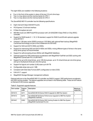 The eight SSDs are installed in the following locations:
Four in the front of the system in place of the two 2.5-inch drive bays
Two in a tray above one the memory banks for CPU 1
Two in a tray above one the memory banks for CPU 2





The ServeRAID M5115 controller has the following specifications:


Eight internal 6 Gbps SAS/SATA ports



PCI Express 3.0 x8 host interface



6 Gbps throughput per port



800 MHz dual-core IBM PowerPC® processor with LSI SAS2208 6 Gbps RAID on Chip (ROC)
controller



Support for RAID levels 0, 1, 10, 5, 50 standard; support for RAID 6 and 60 with optional upgrade
using 90Y4411



Onboard 1 GB data cache (DDR3 running at 1333 MHz) with optional flash backup (MegaRAID
CacheVault technology) as part of the Enablement Kit 90Y4342.



Support for SAS and SATA HDDs and SSDs



Support for intermixing SAS and SATA HDDs and SSDs; mixing different types of drives in the same
array (drive group) not recommended



Support for self-encrypting drives (SEDs) with MegaRAID SafeStore



Optional support for SSD performance acceleration with MegaRAID FastPath and SSD caching with
MegaRAID CacheCade Pro 2.0 (90Y4447)



Support for up to 64 virtual drives, up to 128 drive groups, up to 16 virtual drives per one drive group,
and up to 32 physical drives per one drive group



Support for logical unit number (LUN) sizes up to 64 TB



Configurable stripe size up to 1 MB



Compliant with Disk Data Format (DDF) configuration on disk (COD)



S.M.A.R.T. support



MegaRAID Storage Manager management software

Optional add-ons to the ServeRAID M5115 controller are RAID 6 support, SSD performance accelerator,
and SSD caching enabler. The feature upgrades are as listed in the following table. These are all Feature
on Demand (FoD) license upgrades.
Table 9. Supported upgrade features
Part number

Feature
code

Description

Maximum
supported

90Y4410

A2Y1

ServeRAID M5100 Series RAID 6 Upgrade for IBM Flex System

1

90Y4412

A2Y2

ServeRAID M5100 Series Performance Upgrade for IBM Flex System
(MegaRAID FastPath)

1

90Y4447

A36G

ServeRAID M5100 Series SSD Caching Enabler for IBM Flex System
(MegaRAID CacheCade Pro 2.0)

1

IBM Flex System x240 Compute Node (E5-2600 v2)

18

 