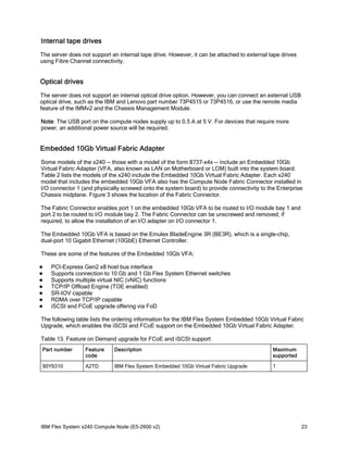 Internal tape drives
The server does not support an internal tape drive. However, it can be attached to external tape drives
using Fibre Channel connectivity.

Optical drives
The server does not support an internal optical drive option. However, you can connect an external USB
optical drive, such as the IBM and Lenovo part number 73P4515 or 73P4516, or use the remote media
feature of the IMMv2 and the Chassis Management Module.
Note: The USB port on the compute nodes supply up to 0.5 A at 5 V. For devices that require more
power, an additional power source will be required.

Embedded 10Gb Virtual Fabric Adapter
Some models of the x240 -- those with a model of the form 8737-x4x -- include an Embedded 10Gb
Virtual Fabric Adapter (VFA, also known as LAN on Motherboard or LOM) built into the system board.
Table 2 lists the models of the x240 include the Embedded 10Gb Virtual Fabric Adapter. Each x240
model that includes the embedded 10Gb VFA also has the Compute Node Fabric Connector installed in
I/O connector 1 (and physically screwed onto the system board) to provide connectivity to the Enterprise
Chassis midplane. Figure 3 shows the location of the Fabric Connector.
The Fabric Connector enables port 1 on the embedded 10Gb VFA to be routed to I/O module bay 1 and
port 2 to be routed to I/O module bay 2. The Fabric Connector can be unscrewed and removed, if
required, to allow the installation of an I/O adapter on I/O connector 1.
The Embedded 10Gb VFA is based on the Emulex BladeEngine 3R (BE3R), which is a single-chip,
dual-port 10 Gigabit Ethernet (10GbE) Ethernet Controller.
These are some of the features of the Embedded 10Gb VFA:








PCI-Express Gen2 x8 host bus interface
Supports connection to 10 Gb and 1 Gb Flex System Ethernet switches
Supports multiple virtual NIC (vNIC) functions
TCP/IP Offload Engine (TOE enabled)
SR-IOV capable
RDMA over TCP/IP capable
iSCSI and FCoE upgrade offering via FoD

The following table lists the ordering information for the IBM Flex System Embedded 10Gb Virtual Fabric
Upgrade, which enables the iSCSI and FCoE support on the Embedded 10Gb Virtual Fabric Adapter.
Table 13. Feature on Demand upgrade for FCoE and iSCSI support
Part number

Feature
code

Description

Maximum
supported

90Y9310

A2TD

IBM Flex System Embedded 10Gb Virtual Fabric Upgrade

1

IBM Flex System x240 Compute Node (E5-2600 v2)

23

 