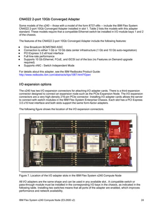 CN4022 2-port 10Gb Converged Adapter
Some models of the x240 -- those with a model of the form 8737-xMx -- include the IBM Flex System
CN4022 2-port 10Gb Converged Adapter installed in slot 1. Table 2 lists the models with this adapter
standard. These models require that a compatible Ethernet switch be installed in I/O module bays 1 and 2
of the chassis.
The features of the CN4022 2-port 10Gb Converged Adapter include the following features:







One Broadcom BCM57840 ASIC
Connection to either 1 Gb or 10 Gb data center infrastructure (1 Gb and 10 Gb auto-negotiation)
PCI Express 3.0 x8 host interface
Full line-rate performance
Supports 10 Gb Ethernet, FCoE, and iSCSI out of the box (no Features on Demand upgrade
required)
Supports vNIC - Switch Independent Mode

For details about this adapter, see the IBM Redbooks Product Guide:
http://www.redbooks.ibm.com/abstracts/tips1087.html?Open

I/O expansion options
The x240 has two I/O expansion connectors for attaching I/O adapter cards. There is a third expansion
connector designed to connect an expansion node such as the PCIe Expansion Node. The I/O expansion
connectors are a very high-density 216-pin PCIe connector. Installing I/O adapter cards allows the server
to connect with switch modules in the IBM Flex System Enterprise Chassis. Each slot has a PCI Express
3.0 x16 host interface and both slots support the same form-factor adapters.
The following figure shows the location of the I/O expansion connectors.

Figure 7. Location of the I/O adapter slots in the IBM Flex System x240 Compute Node
All I/O adapters are the same shape and can be used in any available slot.. A compatible switch or
pass-through module must be installed in the corresponding I/O bays in the chassis, as indicated in the
following table. Installing two switches means that all ports of the adapter are enabled, which improves
performance and network availability.
IBM Flex System x240 Compute Node (E5-2600 v2)

24

 