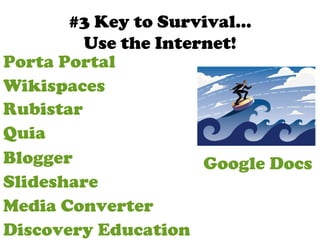 #3 Key to Survival… Use the Internet! Media Converter Slideshare Quia Rubistar Wikispaces Blogger Porta Portal Discovery Education Google Docs 