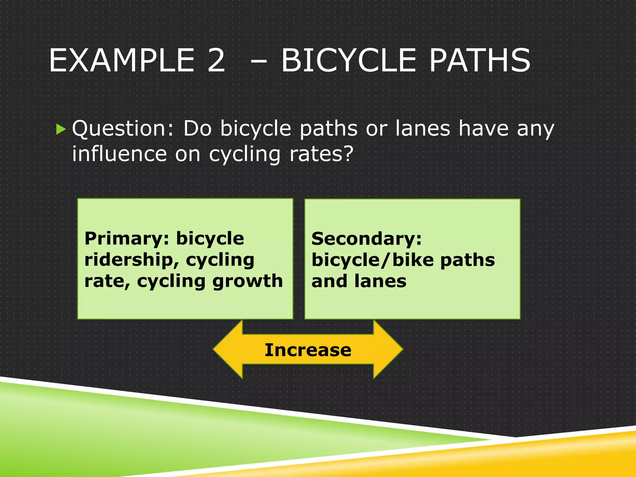 EXAMPLE 2 – BICYCLE PATHS

 Question: Do bicycle paths or lanes have any
 influence on cycling rates?


  Primary: bicycle       Secondary:
  ridership, cycling     bicycle/bike paths
  rate, cycling growth   and lanes


                    Increase
 