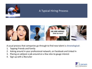 A Typical Hiring ProcessA usual process that companies go through to find new talent is chronological:Tapping Friends and FamilyAsking around in your professional network, on Facebook and Linked InPlacing an ad/post a job around on a few sites to gauge interestSign up with a Recruiter