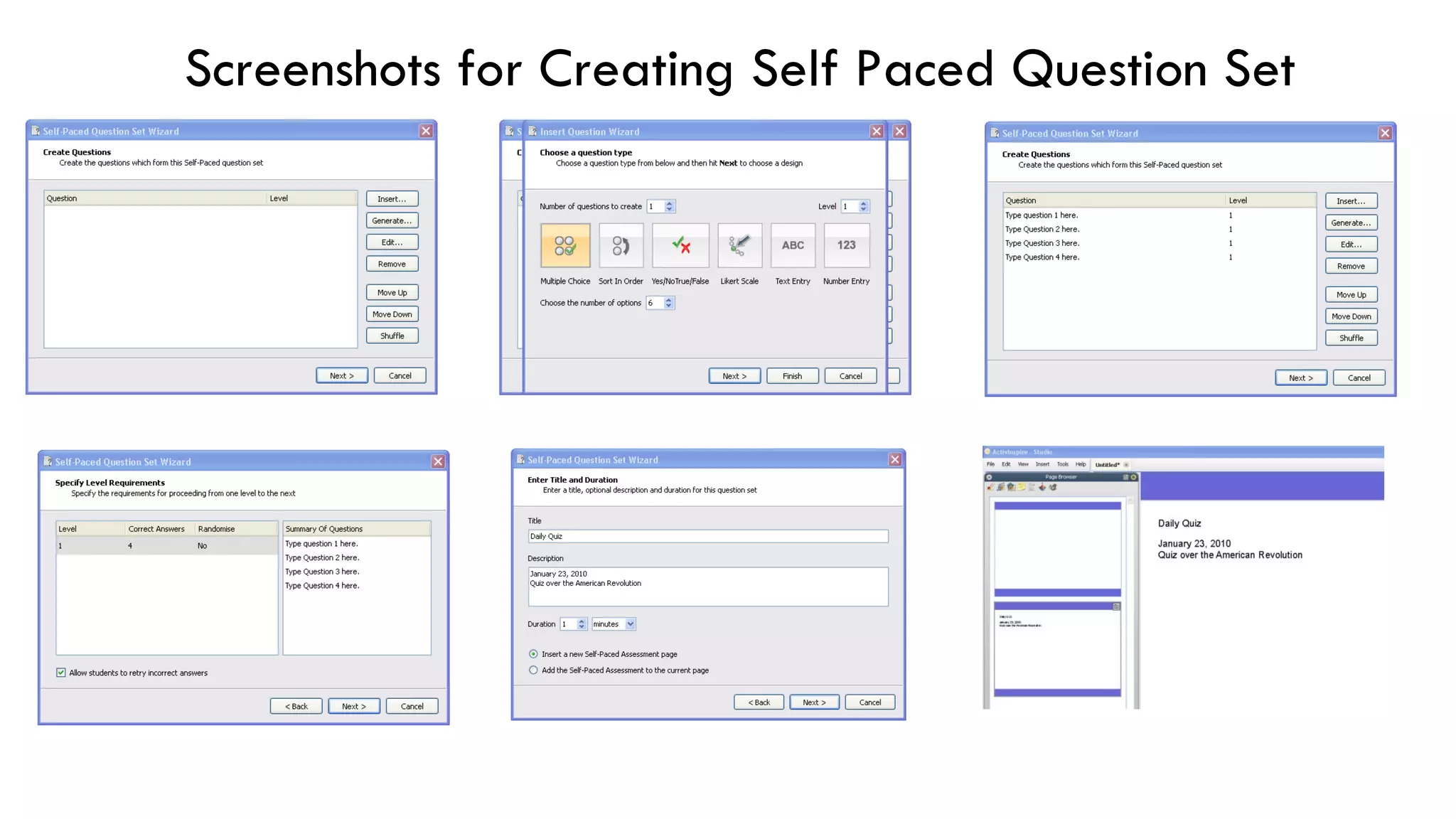 Screenshots for Creating Self Paced Question Set 
