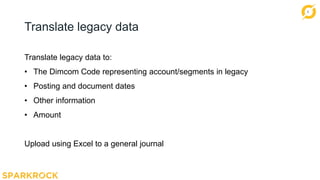 5
Translate legacy data
Translate legacy data to:
• The Dimcom Code representing account/segments in legacy
• Posting and document dates
• Other information
• Amount
Upload using Excel to a general journal
 