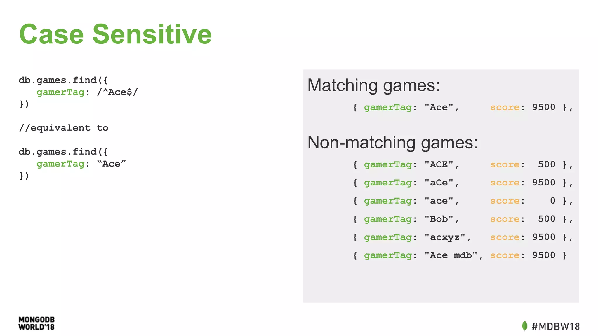Case Sensitive
db.games.find({
gamerTag: /^Ace$/
})
//equivalent to
db.games.find({
gamerTag: “Ace”
})
Matching games:
{ gamerTag: "Ace", score: 9500 },
Non-matching games:
{ gamerTag: "ACE", score: 500 },
{ gamerTag: "aCe", score: 9500 },
{ gamerTag: "ace", score: 0 },
{ gamerTag: "Bob", score: 500 },
{ gamerTag: "acxyz", score: 9500 },
{ gamerTag: "Ace mdb", score: 9500 }
 