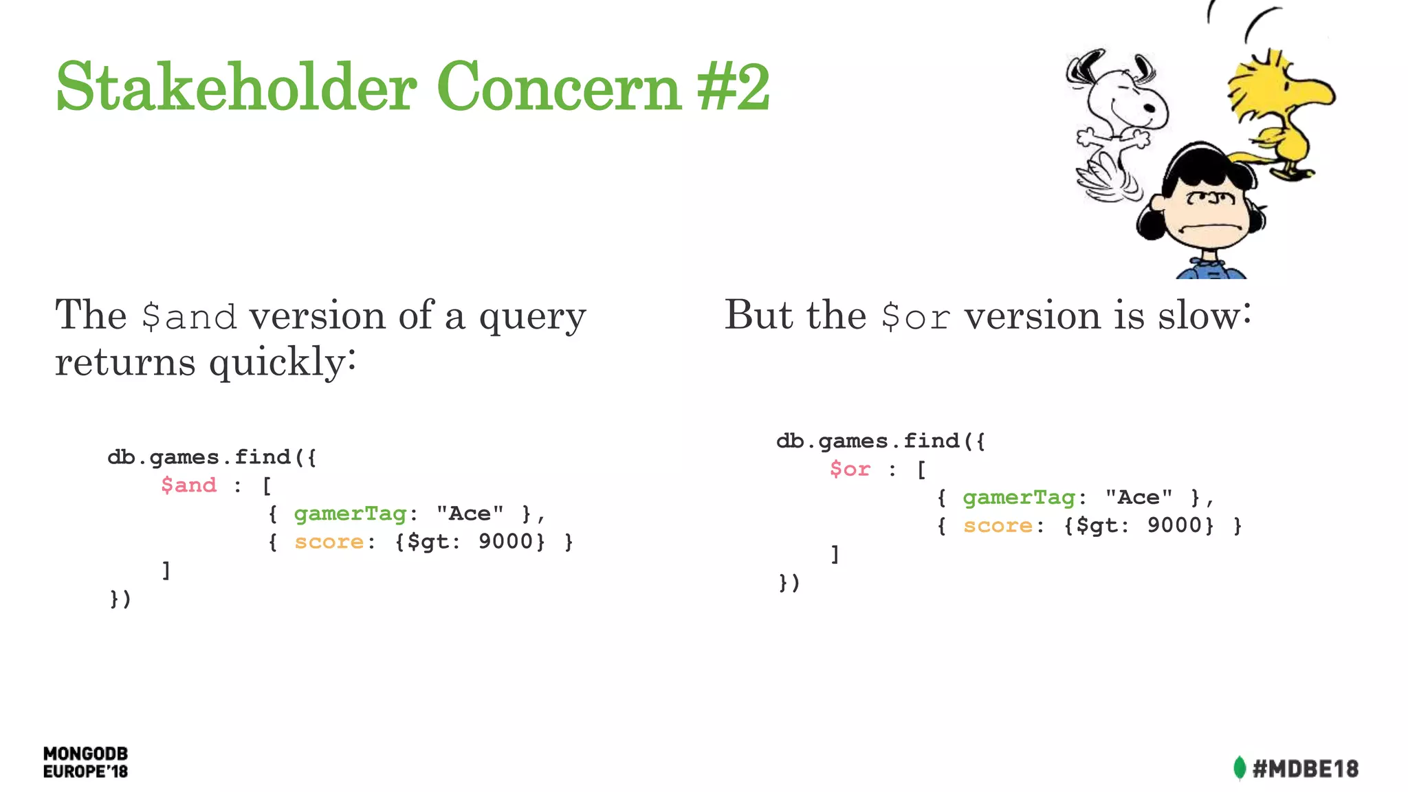 Stakeholder Concern #2
The $and version of a query
returns quickly:
db.games.find({
$and : [
{ gamerTag: "Ace" },
{ score: {$gt: 9000} }
]
})
But the $or version is slow:
db.games.find({
$or : [
{ gamerTag: "Ace" },
{ score: {$gt: 9000} }
]
})
 