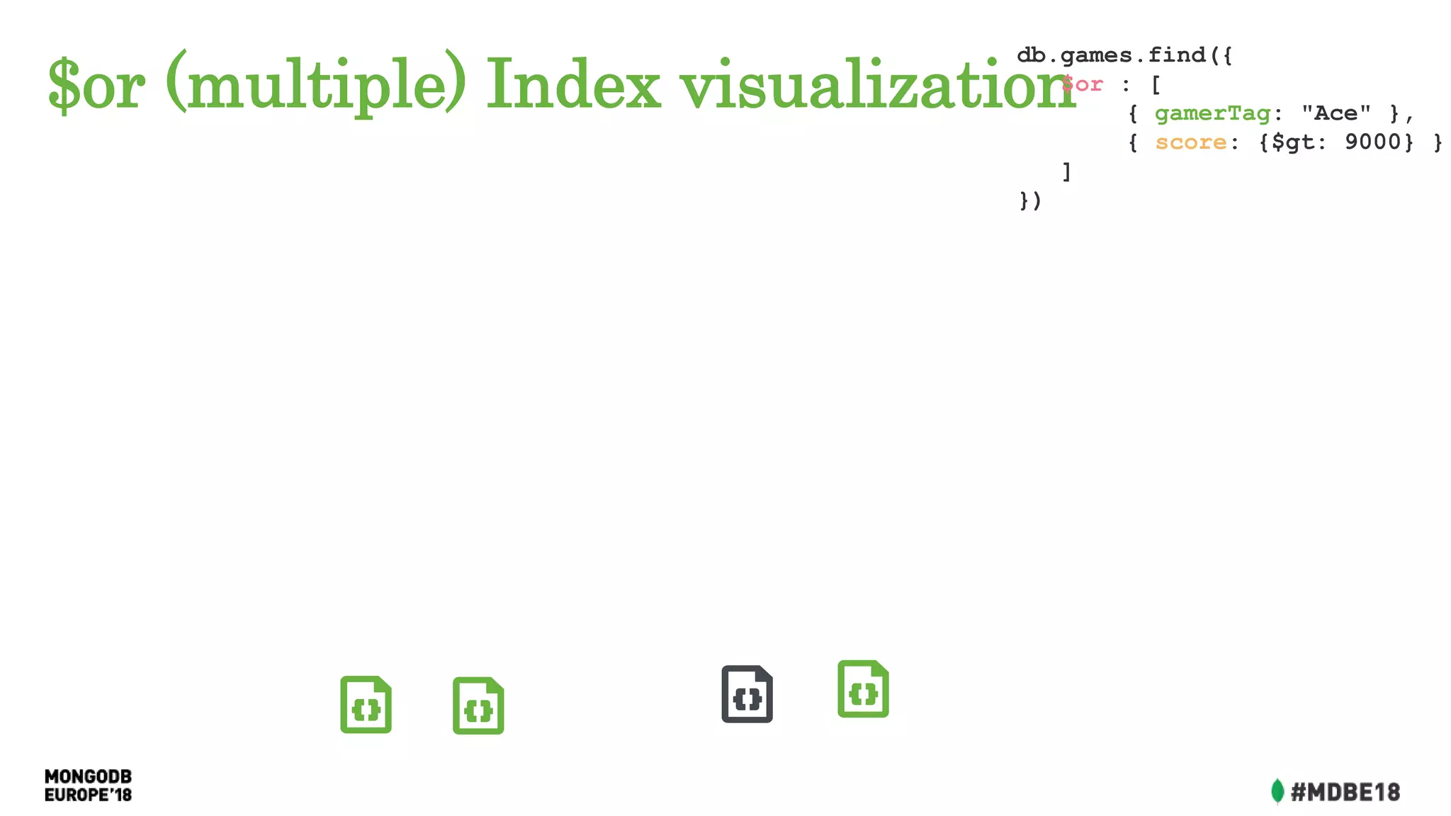$or (multiple) Index visualization
db.games.find({
$or : [
{ gamerTag: "Ace" },
{ score: {$gt: 9000} }
]
})
 