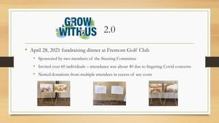 2.0
• April 28, 2021 fundraising dinner at Fremont Golf Club
• Sponsored by two members of the Steering Committee
• Invite...