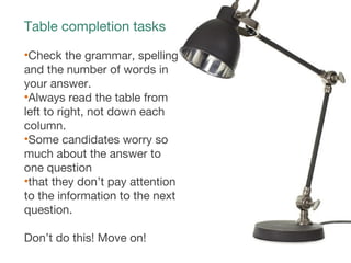 Table completion tasks
•Check the grammar, spelling
and the number of words in
your answer.
•Always read the table from
left to right, not down each
column.
•Some candidates worry so
much about the answer to
one question
•that they don’t pay attention
to the information to the next
question.
Don’t do this! Move on!
 
