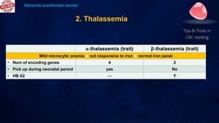 Tips & Tricks in
CBC reading
 The co-inheritance of alpha thalassemia with beta thalassemia:
a. Increases the severity of...